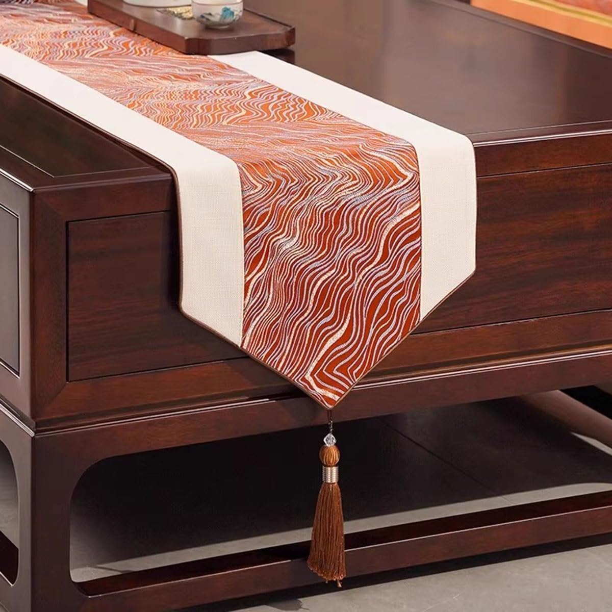 Chinese Style Table Runner with Tassels, Classical Abstract Landscape Splicing Table Mat Placemat for Home Office Party Holiday Decor(Red,33x300cm/13 x118)