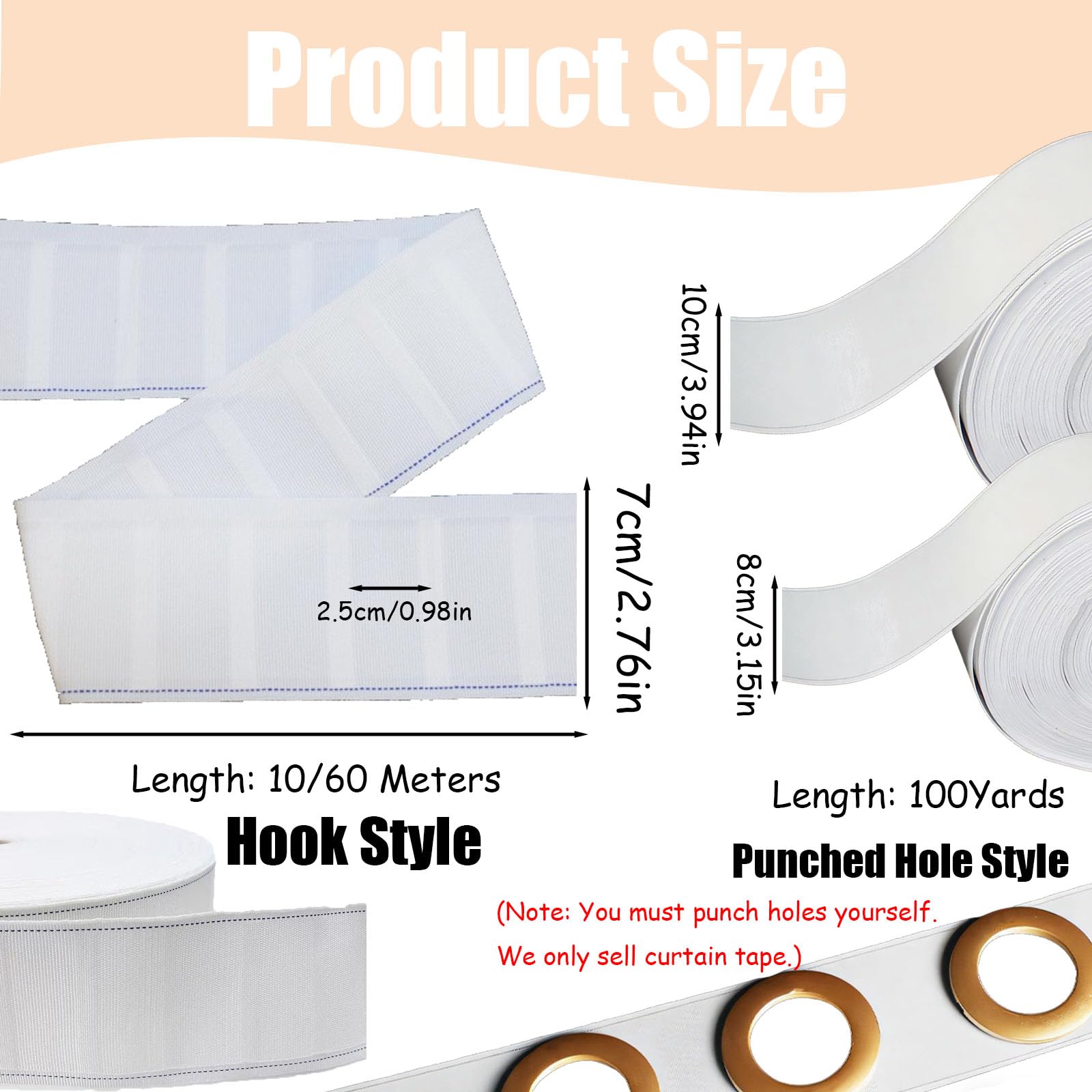 60 m x 7 cm - Blanc - Ruban de rideau à coudre - Ruban de fixation de rideau - Ruban fronceur - Ruban plissé - Ruban en tissu polyester - Ruban universel pour rideaux, bricolage