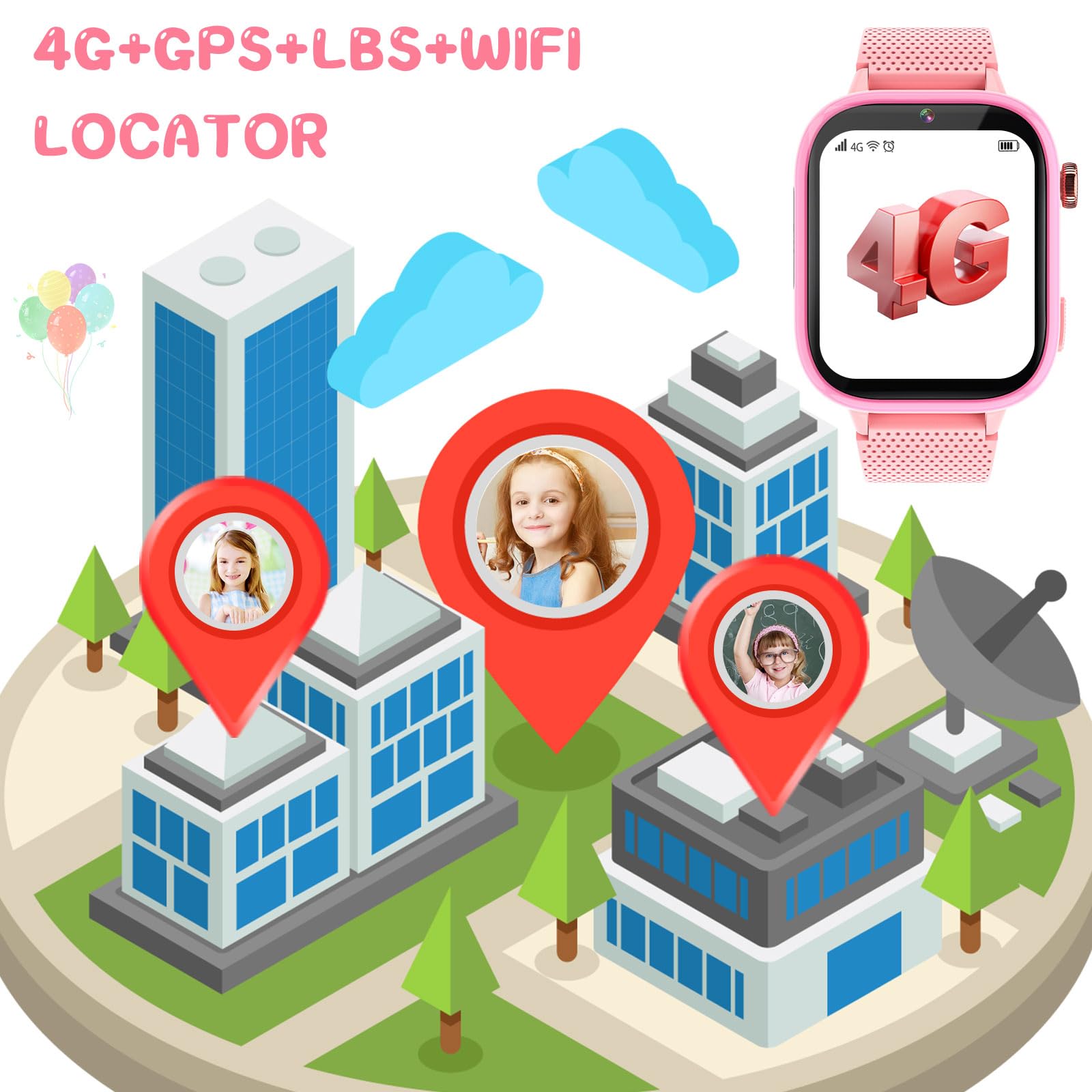 OKYUK 4G Kinder smartwatch, smartwatch Kinder mit GPS und Telefon,Armbanduhr Junge mädchen,mit Video Phone Call, Nachrichten, Schulmodus, SOS-Funktion, Kamera und Schrittzähler (Rosa)