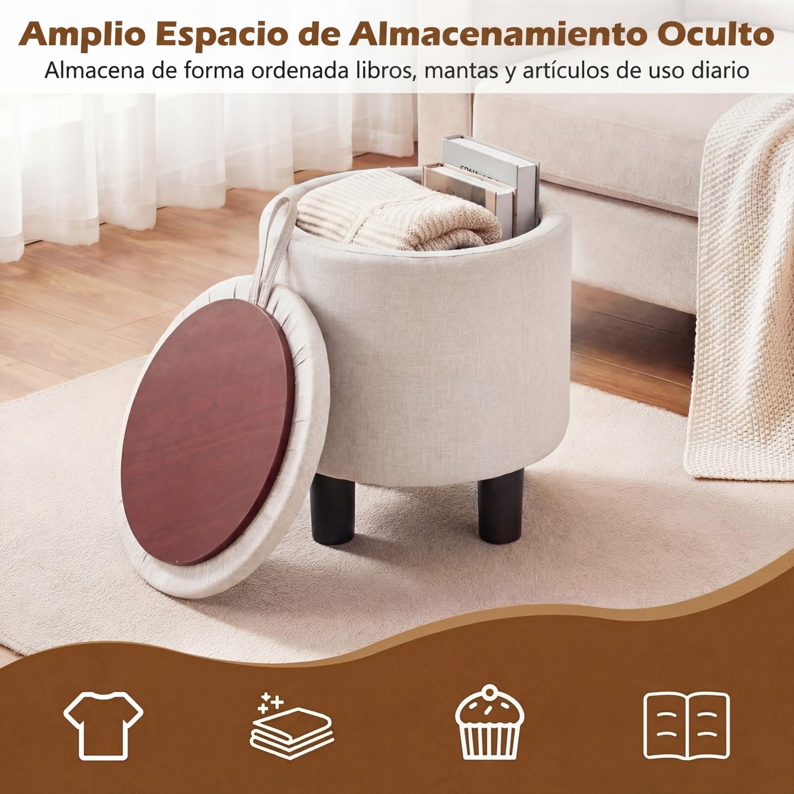 COSTWAY Puff Almacenaje Redondo, Taburete Reposapiés Tapizado en Tela de Lino con Tapa Abatible de Doble Uso, 4 Patas, Otomana de Almacenamiento, Montaje Fácil, para Sala de Estar y Dormitorio, Beige