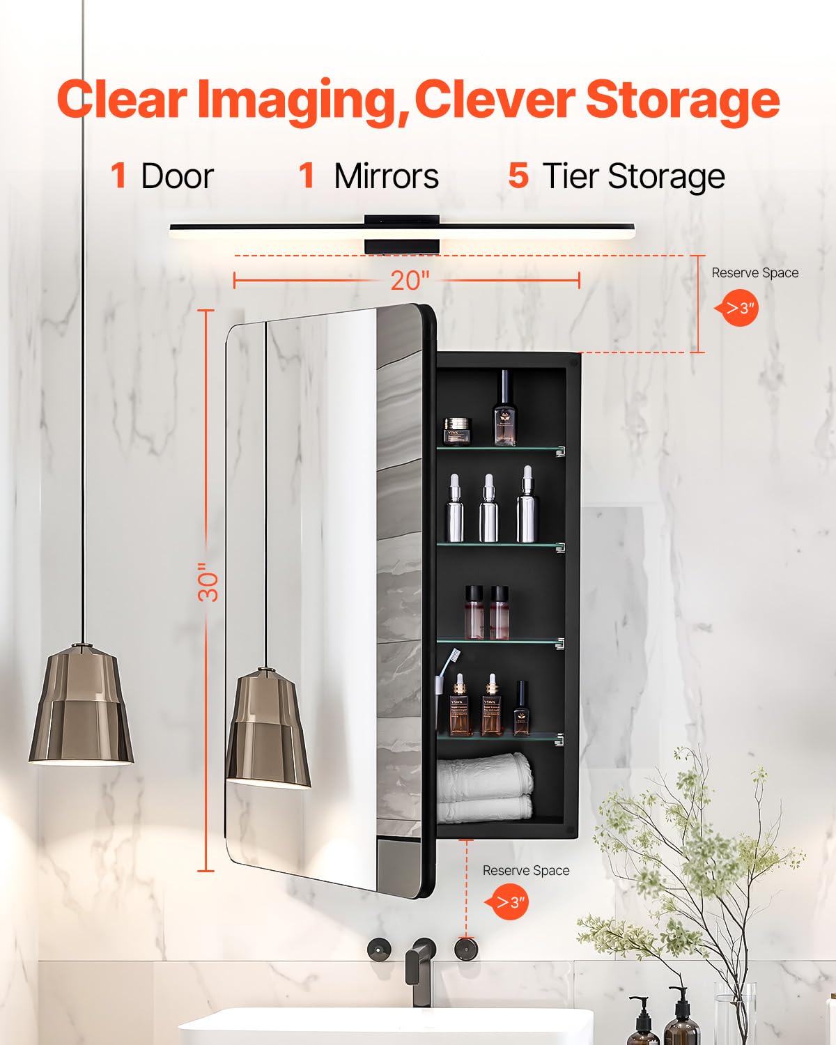 VEVOR Botiquín con Espejo para Baño con Puerta de Espejo y Estantes de Vidrio Ajustables, Instalación Empotrada y Montada en Pared, Aluminio, Organizador de Almacenamiento, 508 x 126 x 762 mm