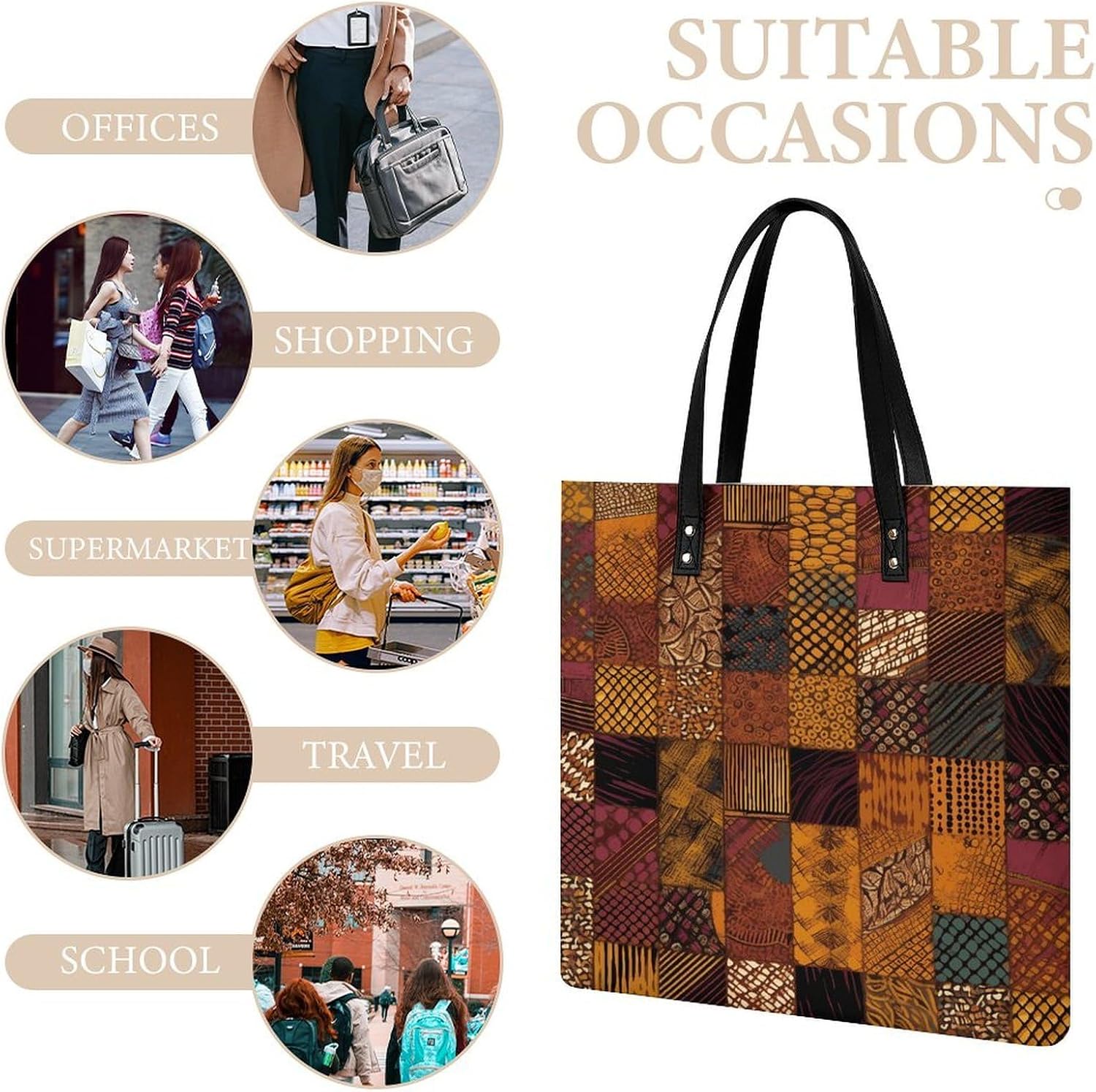 African Style Patchwork Tote Bag with Magnetic Buckle Reusable Grocery Bags Lightweight Cross Body Handbag for Daily Essentials