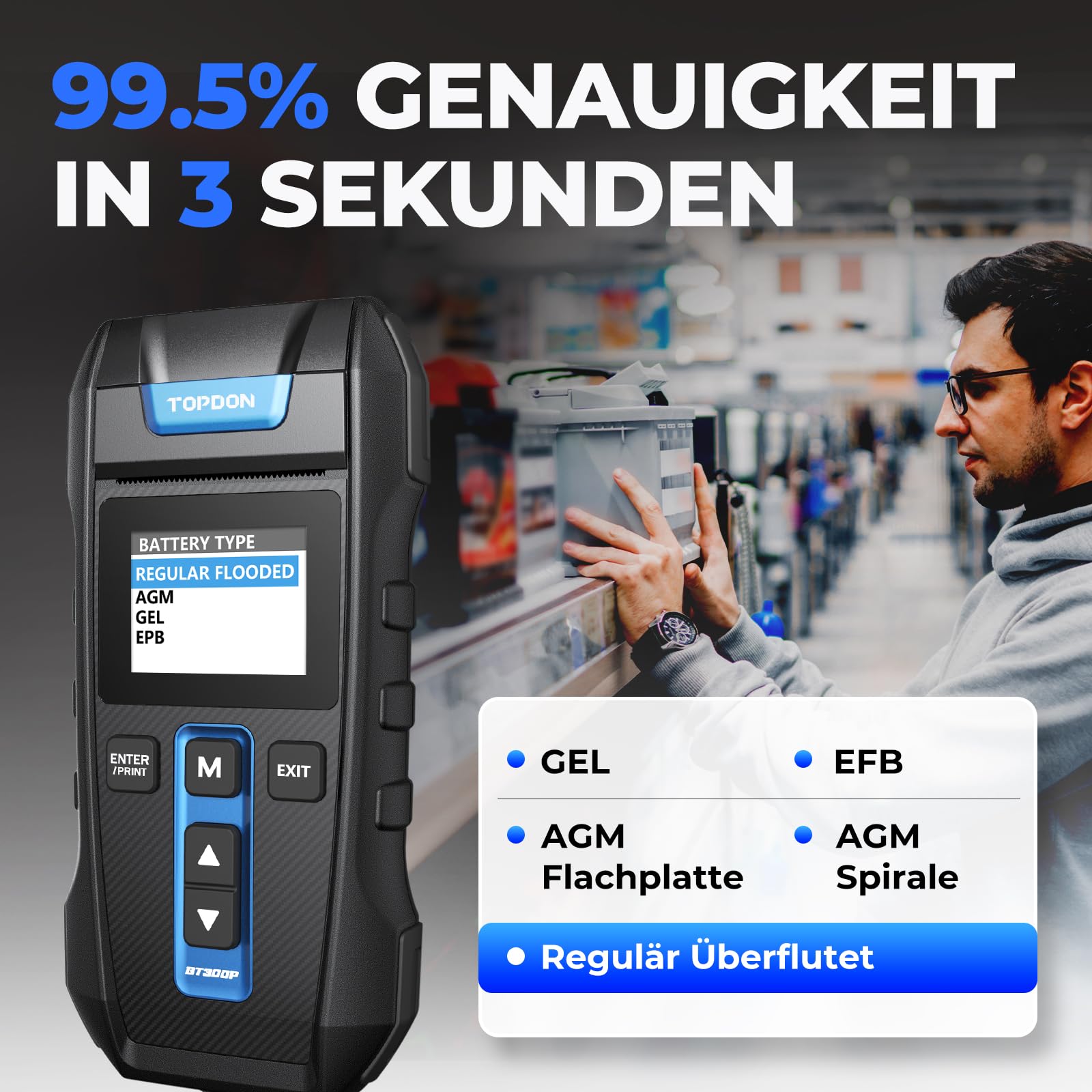 12V 24V Batterietester kfz mit Drucker-TOPDON BT300P, 100-2000 CCA Automatischer Lasttester für Batterie-/Anlass-/Ladesystemtest, Autobatterietester für Auto Motorrad SUV LKW Boot