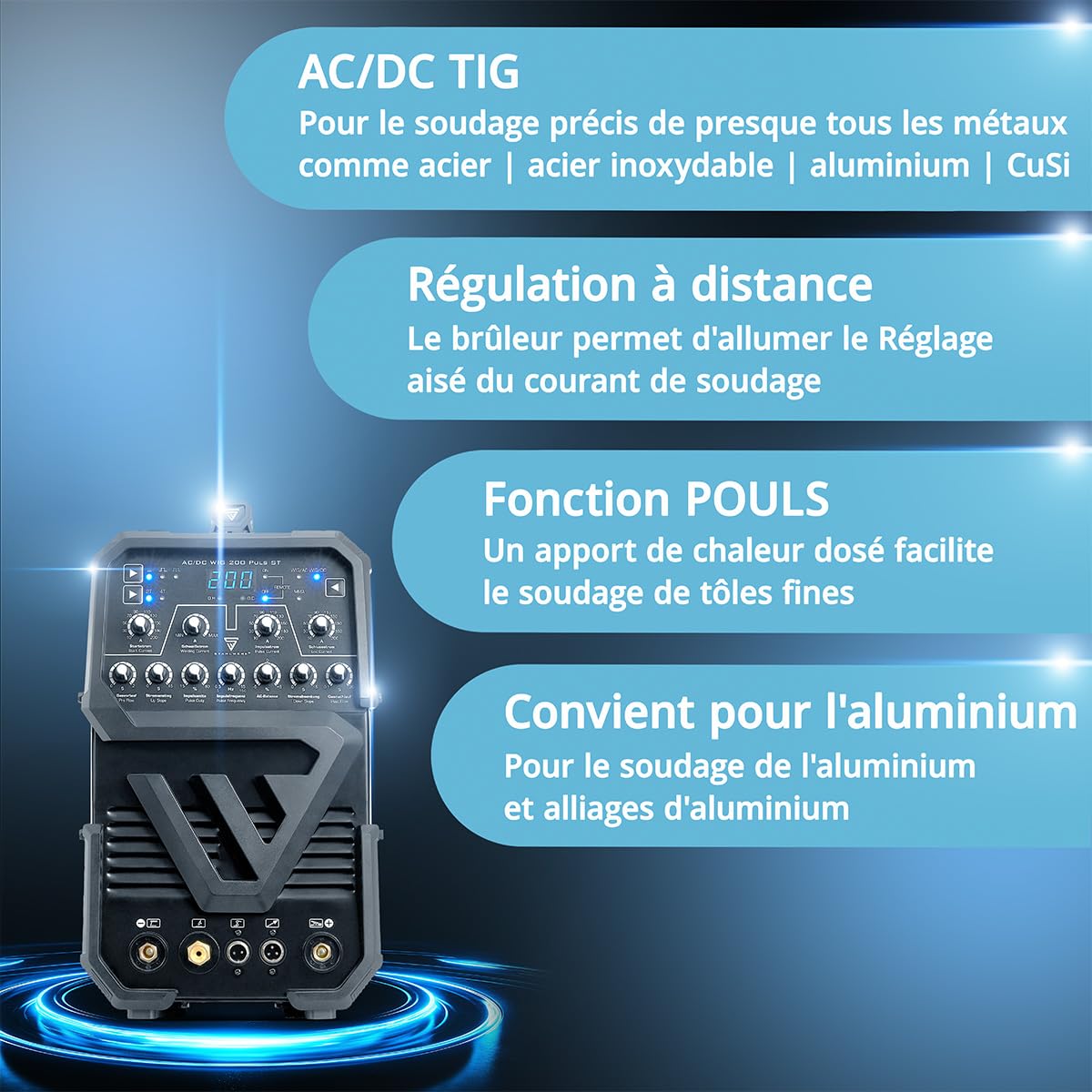 STAHLWERK Poste à souder AC/DC TIG 200 Puls ST – Inverter IGBT avec mode AC, MMA (ARC) jusqu'à 200 A, amorçage HF, fonction Pulse, mode 2T & 4T, Anti-Stick, idéal pour aluminium & tôles fines