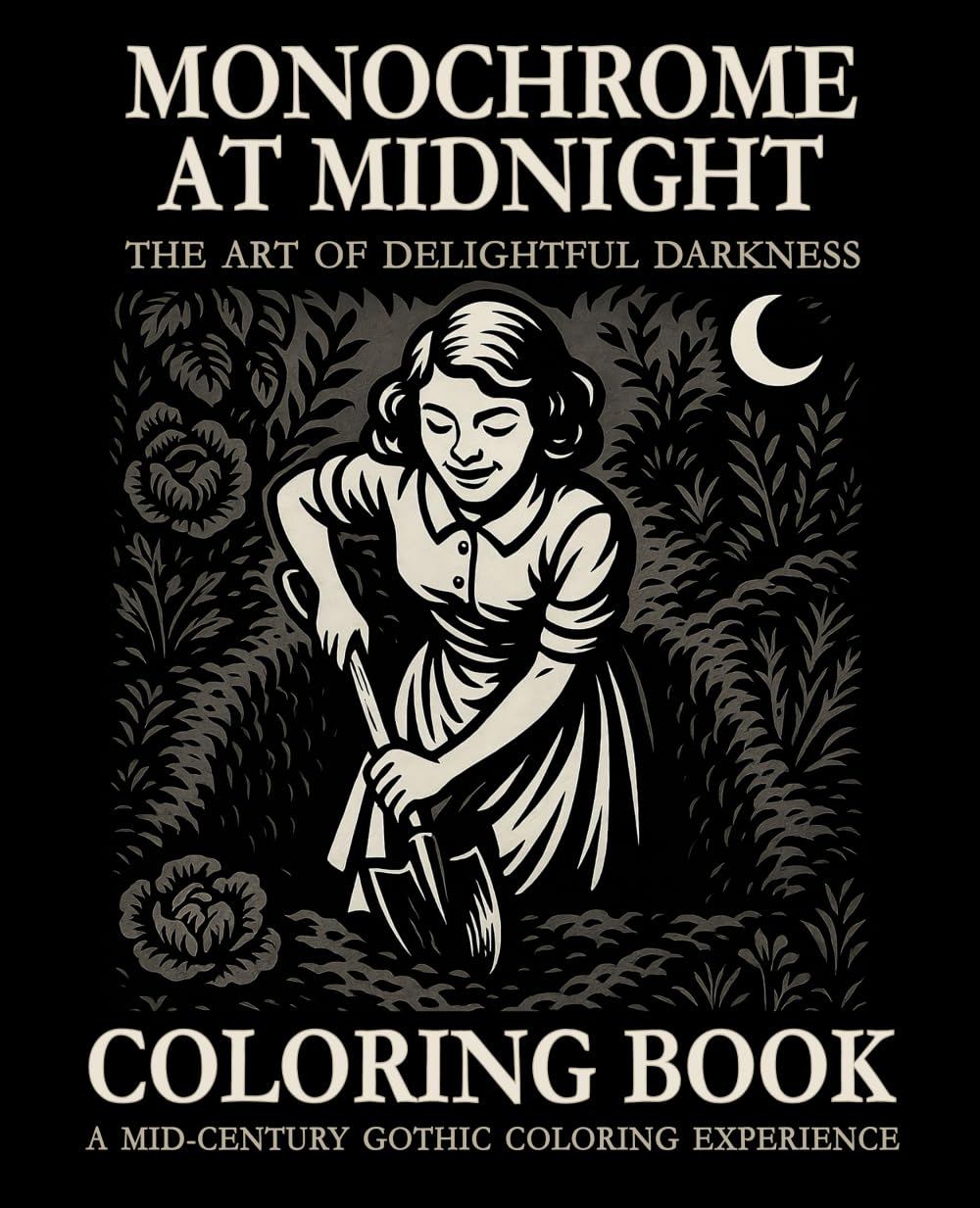 Monochrome at Midnight: The Art of Delightful Darkness - A Mid-Century Gothic Coloring Experience