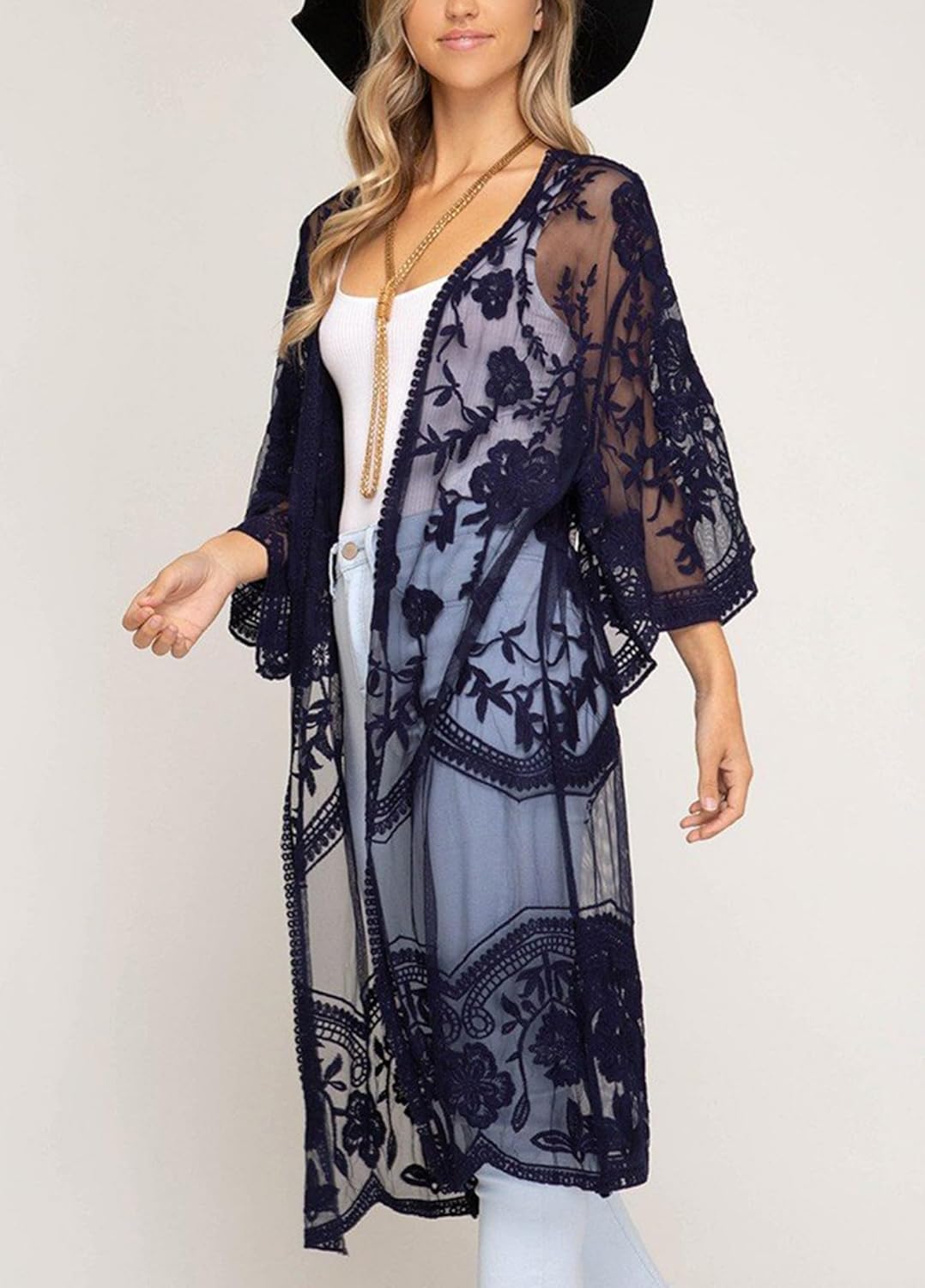 FaroDor Women's Long Flowy Lace Crochet Kimono Cardigan Boho Style Summer Beach Cover Ups Navy Blue - Image 2