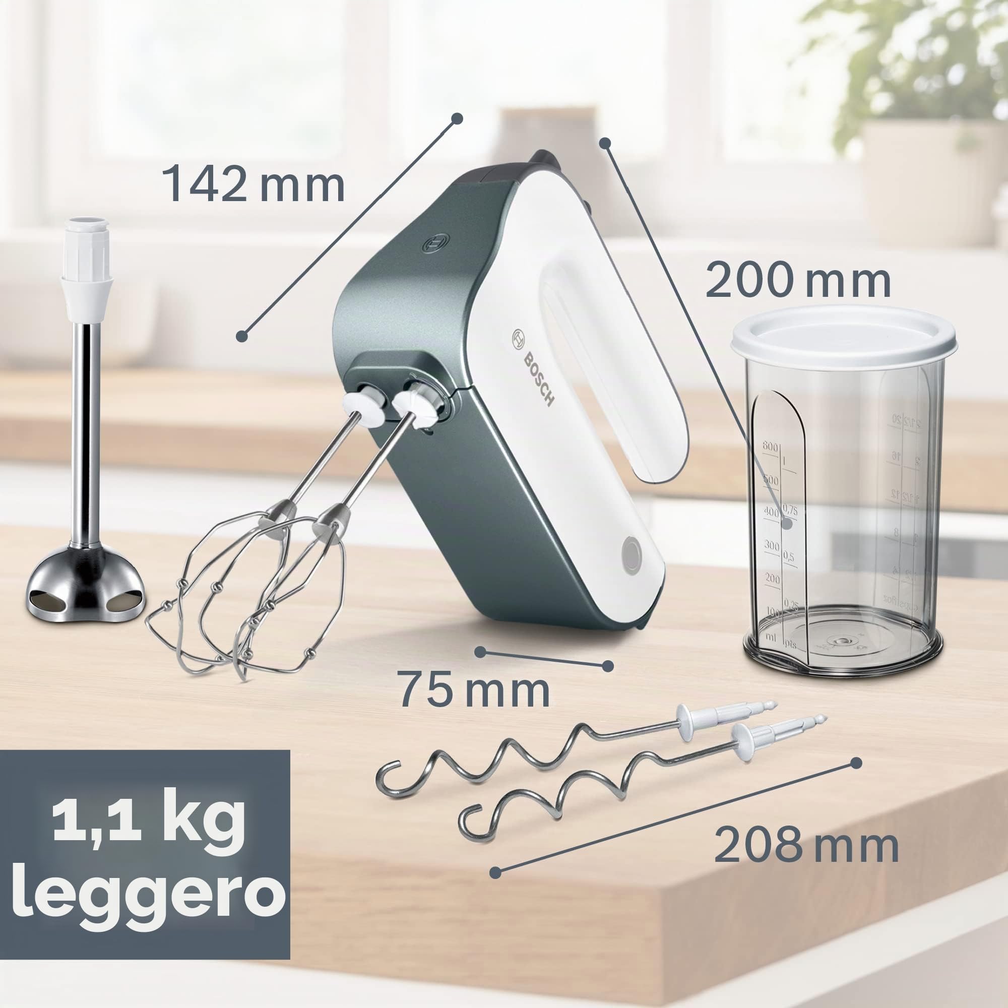 Bosch Styline MFQ49700 - Agitatore manuale a 5 livelli, 2 ganci per frusta e impastare, cavo a spirale, in acciaio inox, 850 W, bianco/argento scuro