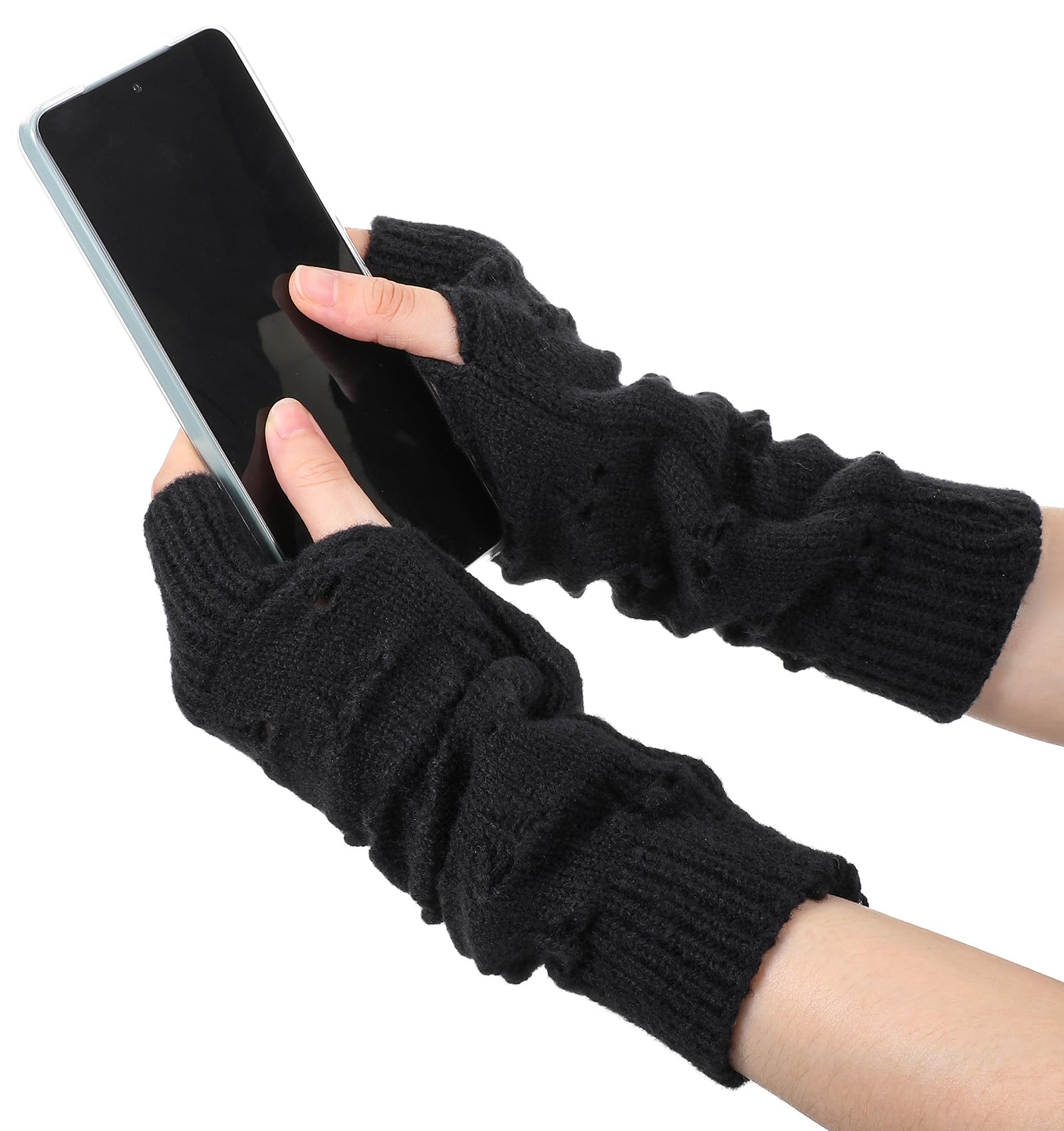Emo Arm Warmers, Black Goth Fingerless Gloves for Women Heart Ripped Knit Arm Warmers, Goth Accessories, Y2K Punk Grunge Style, Emo Gifts for Teens & Cosplay, Perfect for Winte