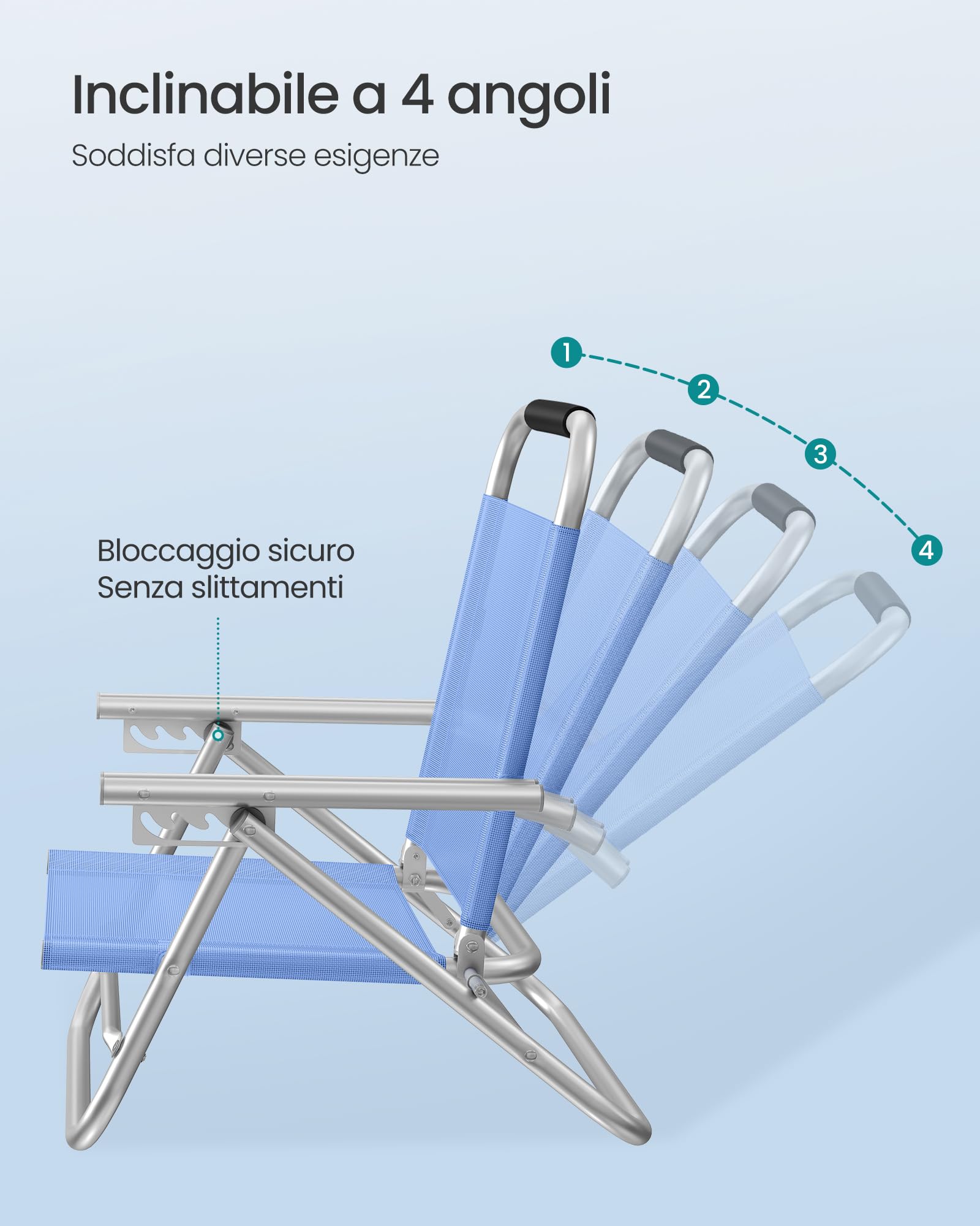 SONGMICS Sedia da Spiaggia, Sedia Pieghevole Portatile, Schienale Regolabile a 4 Angoli, con Braccioli, Traspirante e Confortevole, Poltrona da Campeggio, Blu GCB65BU