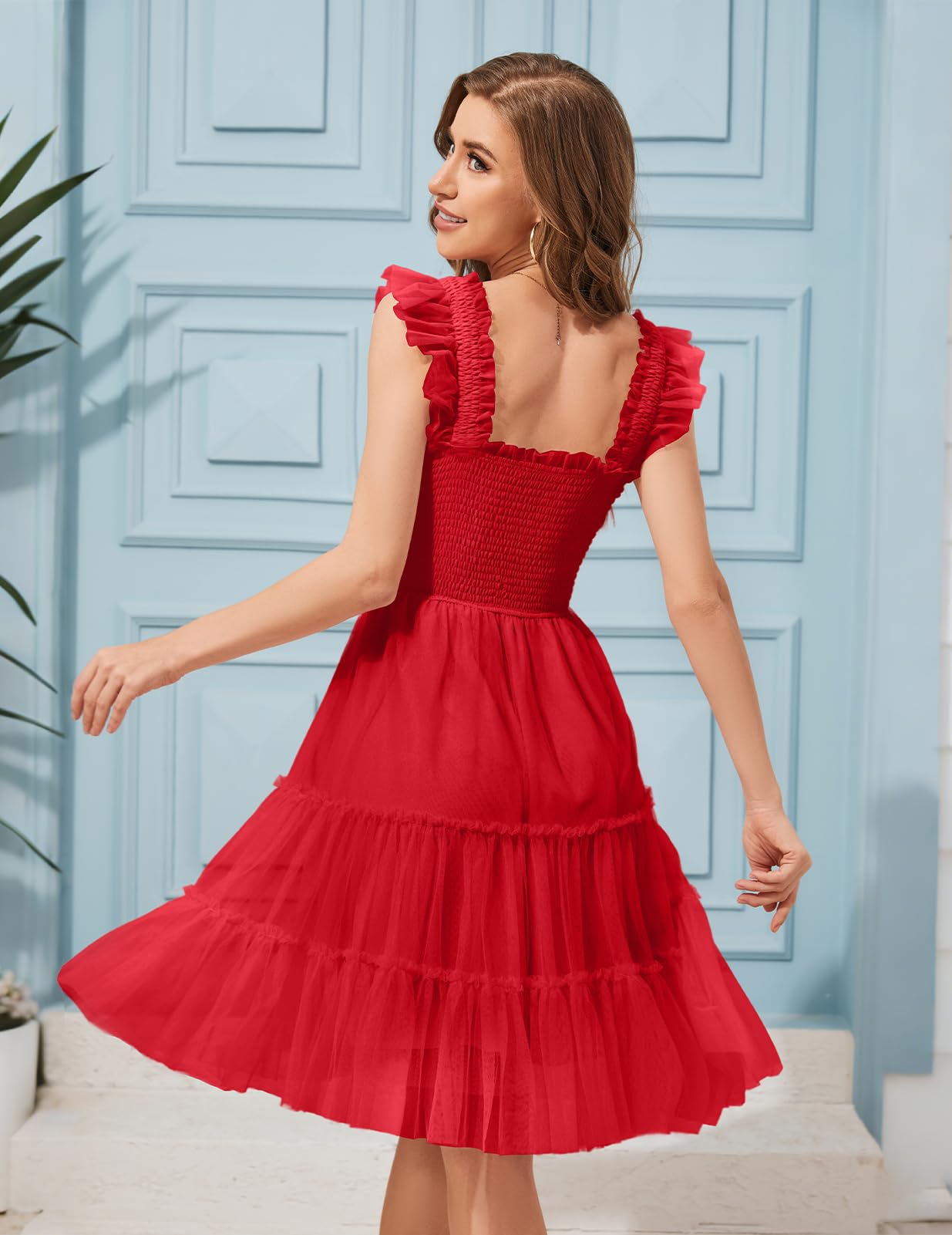 Meetjen Robe de bal de fin d'année 2025 avec volants en tulle froncé, longueur genou, col carré