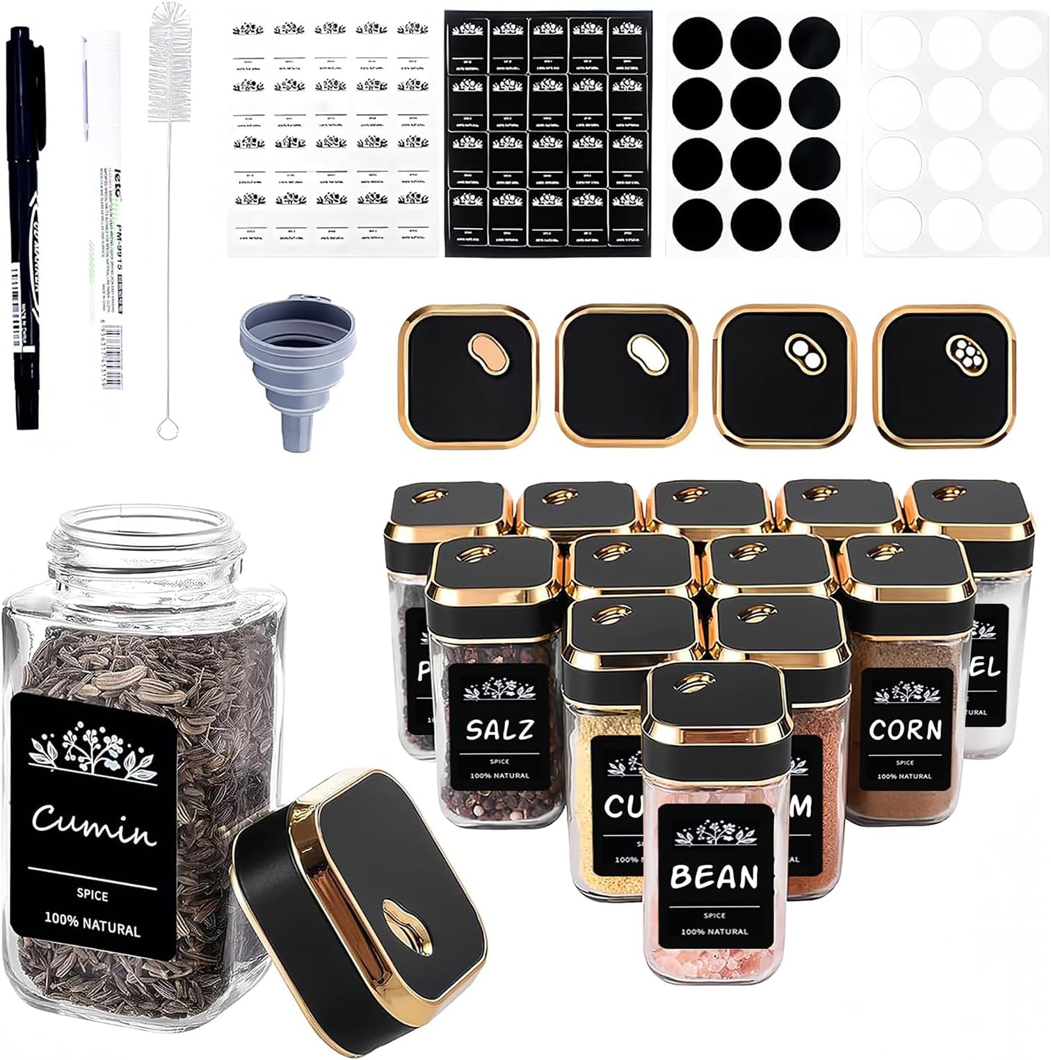 Lot De 12 Pots à épices En Verre - Couvercles Bambou & étiquettes Réutilisables - 120ml - Inclus Brosse Et Cuillère