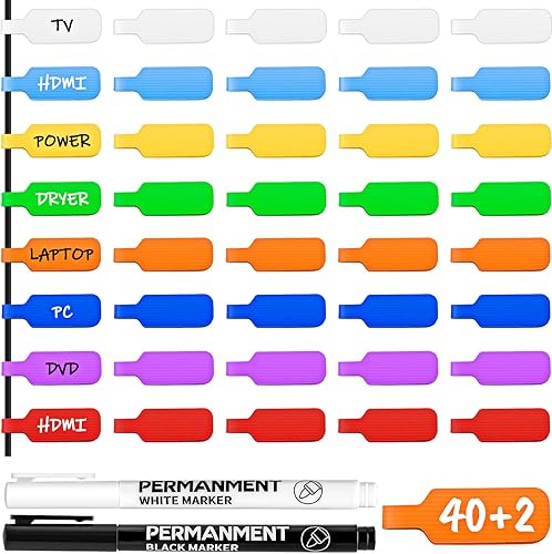 40 Pcs Cable Labels with 2 Colors Fine Point Marker, for Organizing Wires and Identification, Multicolored Handwriting Cord Labels, Reusable with