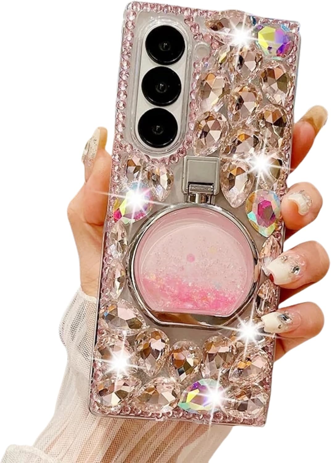 for Samsung Galaxy Z Fold 7 Case Bling Diamond Glitter Girly Design,Galaxy Fold 7 Case Handmade Holographic Sparkle Crystal Rhinestone Soft TPU Bumper Cover for Samsung Z Fold 7 for Women Girls Pink Fold 7 Pink