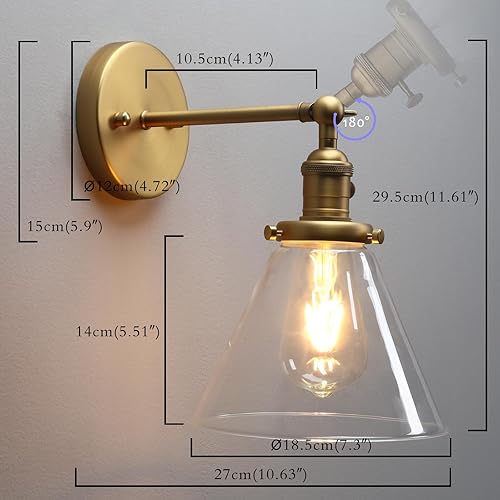 Miniatura 3 de 1 lámpara de pared vintage nostálgica con embudo de vidrio acampanado, pantalla de vidrio transparente, bombilla de filamento Edison incluida,