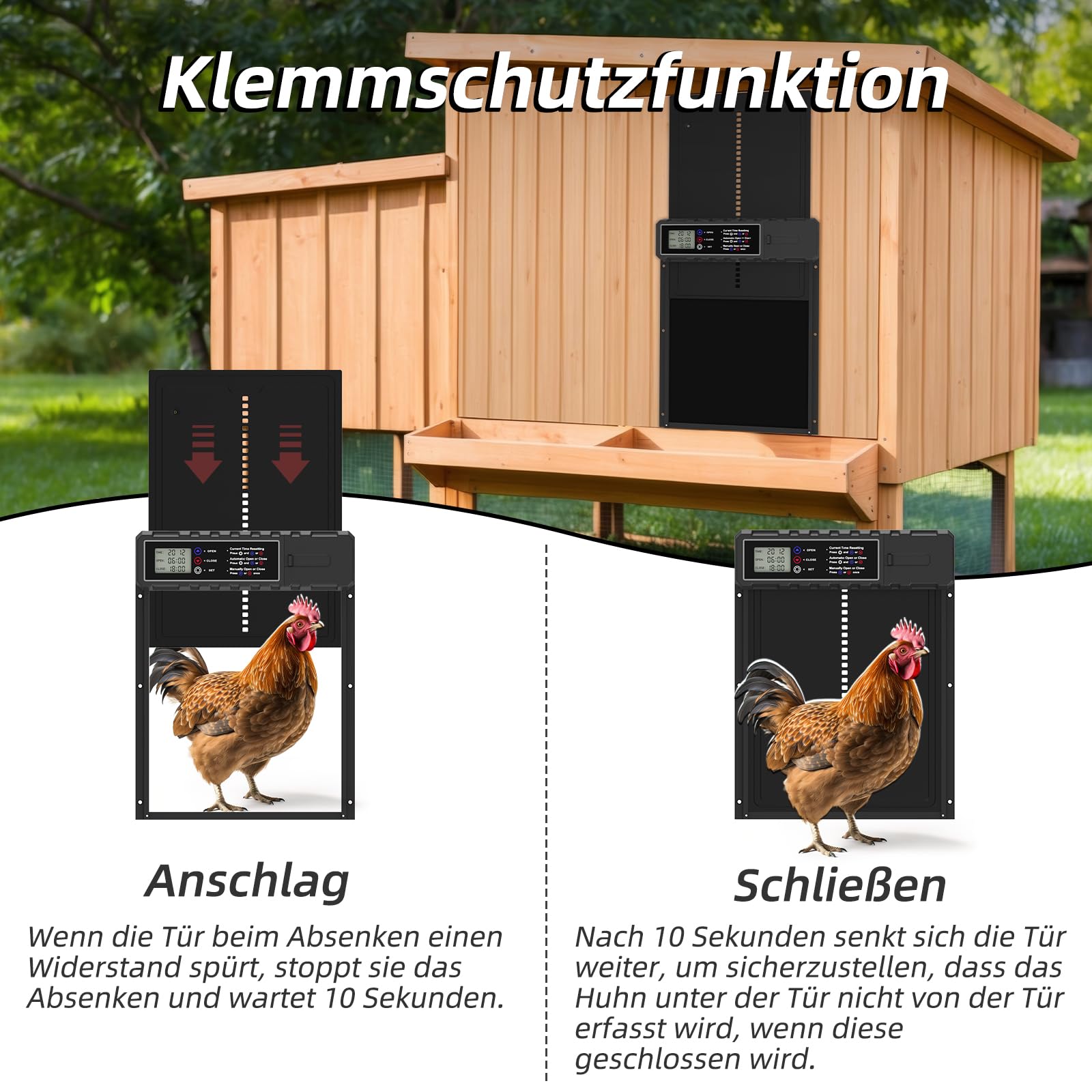 Aluminium Automatische Hühnerklappe - Elektrische Hühnerklappe mit Wasserdicht Großes Display, Timer, Klemmschutzfunktion - Automatisch für Hühner, Ente, Gans, Häschen, Kratzfest