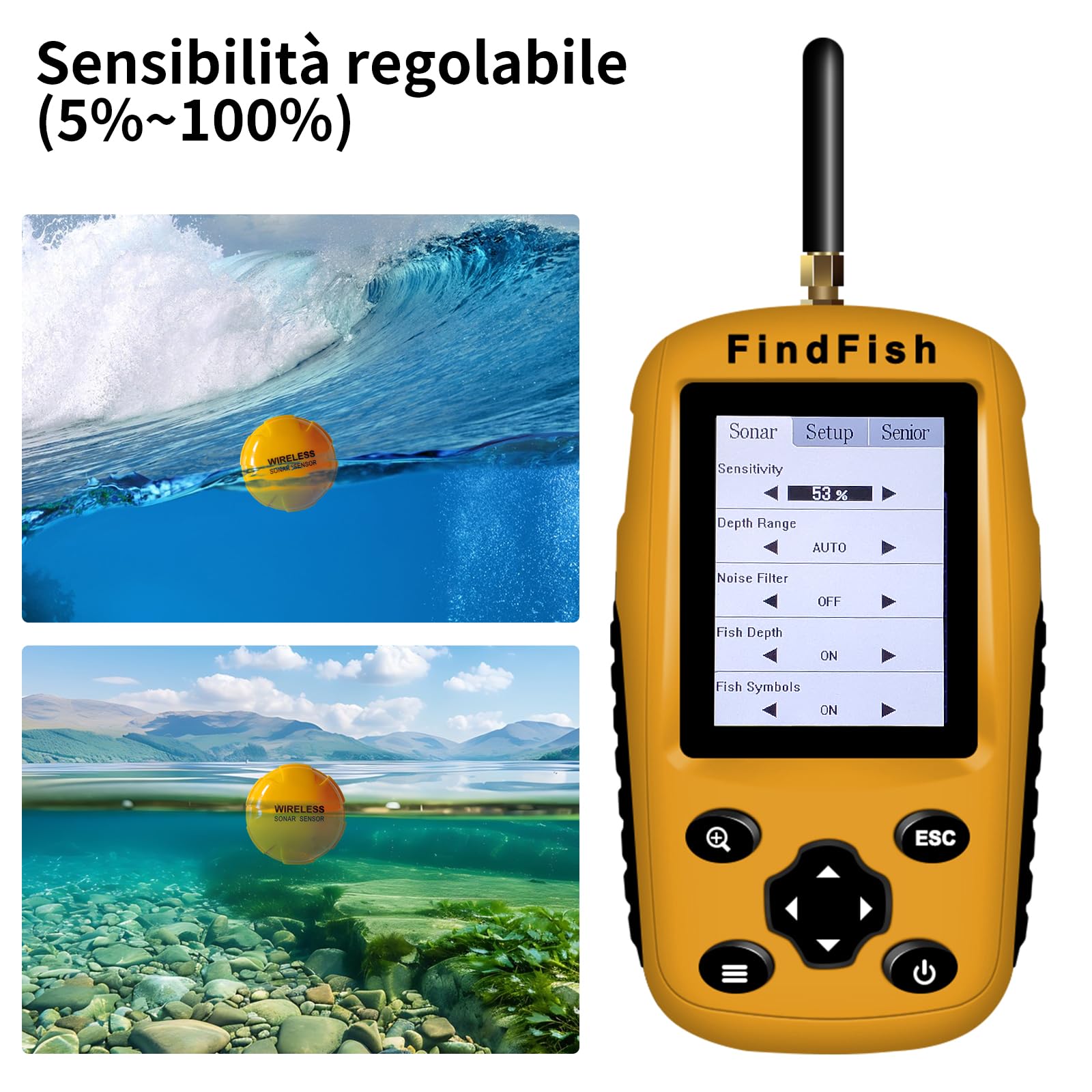 ESANHAO Ecoscandaglio da Pesca Sensore Sonar Portatile Trasduttore Cercatore di profondità dell'acqua Schermo a cristalli liquidi Ghiaccio Pesca in Mare