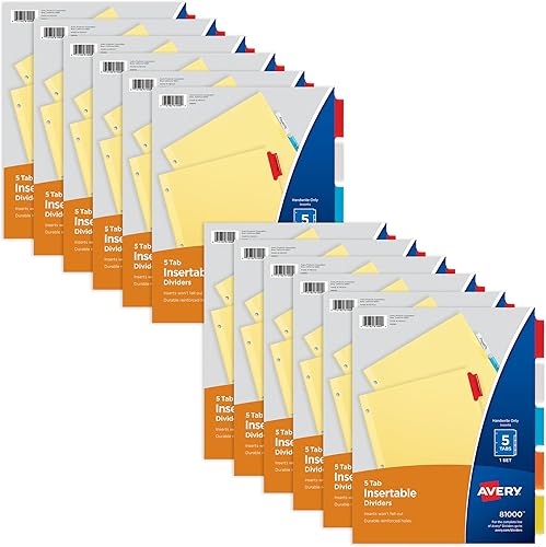 Avery Divisores insertables para carpetas de 3 anillas, juego de 5 pestañas, 5 pestañas multicolor, 12 juegos (21951)