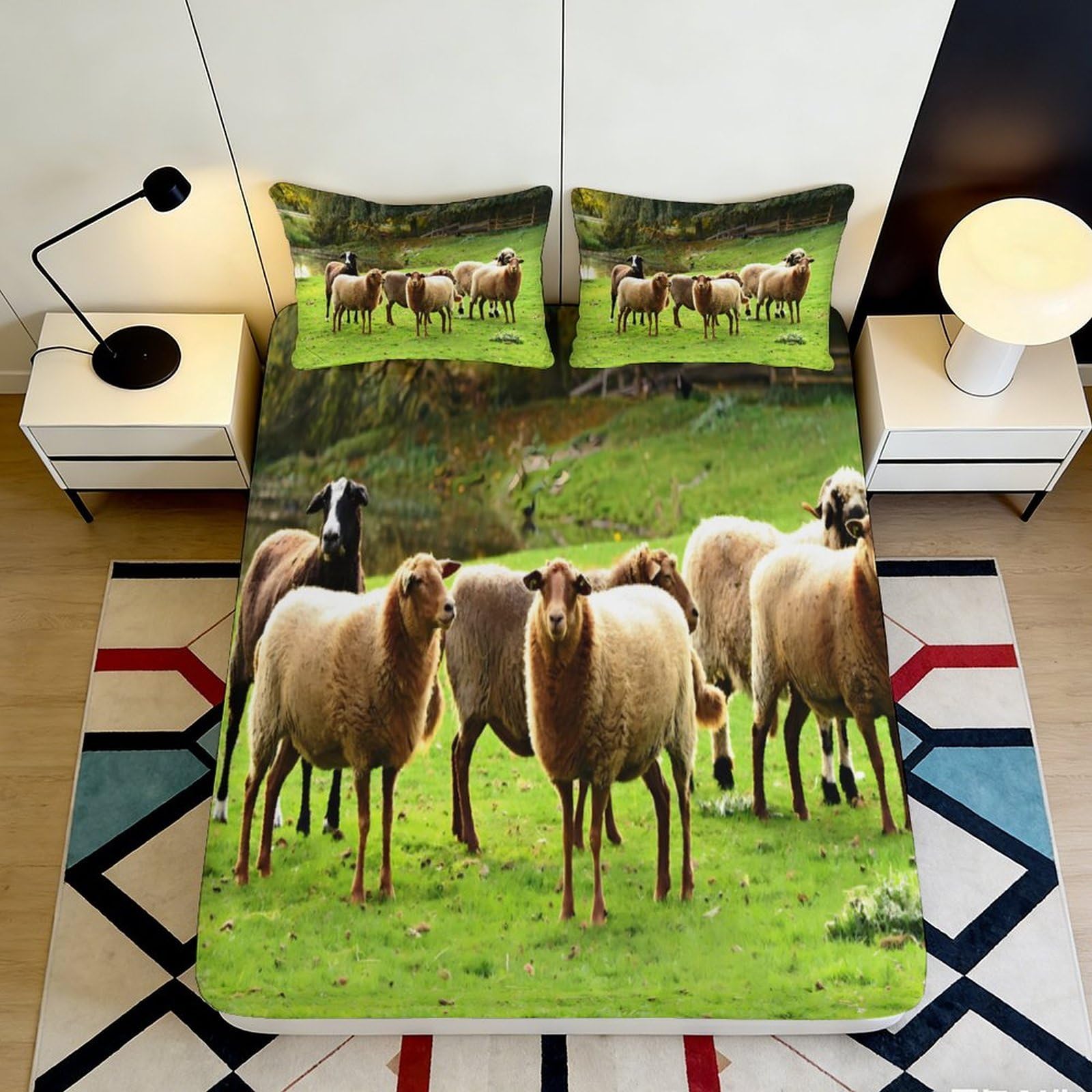 Jqzkxnhpbr Style-2 3D Printed Pastoral Sheep Fitted Sheet Microfiber Soft Anti-Slip Nature Meadow Bed Cover For Bedroom Guest Room Decor 90X200x25cm
