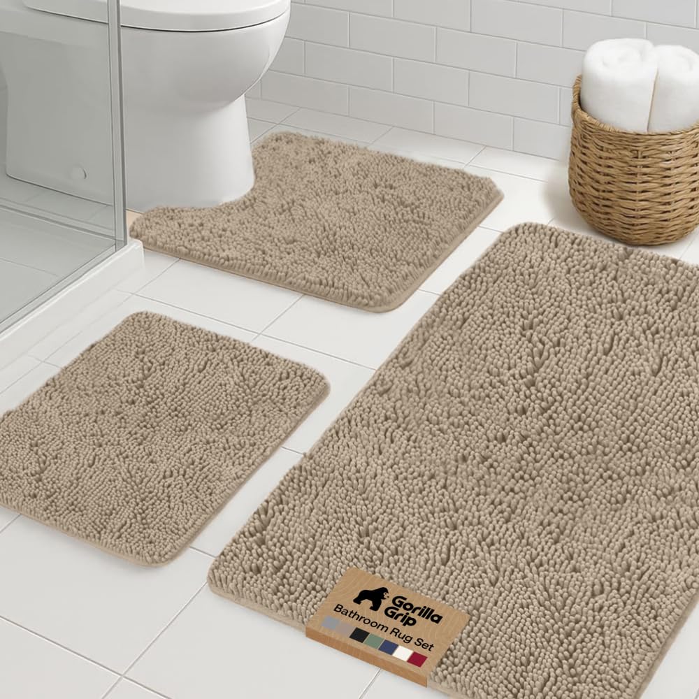 GORILLA GRIP Area Rug Sets and Oval Toilet Base, 3 Piece Beige
