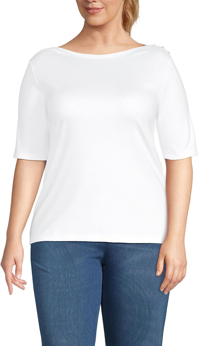 Camiseta de algodón Supima de cultivo americano con mangas al codo, cuello barco y hombros con botones para mujer