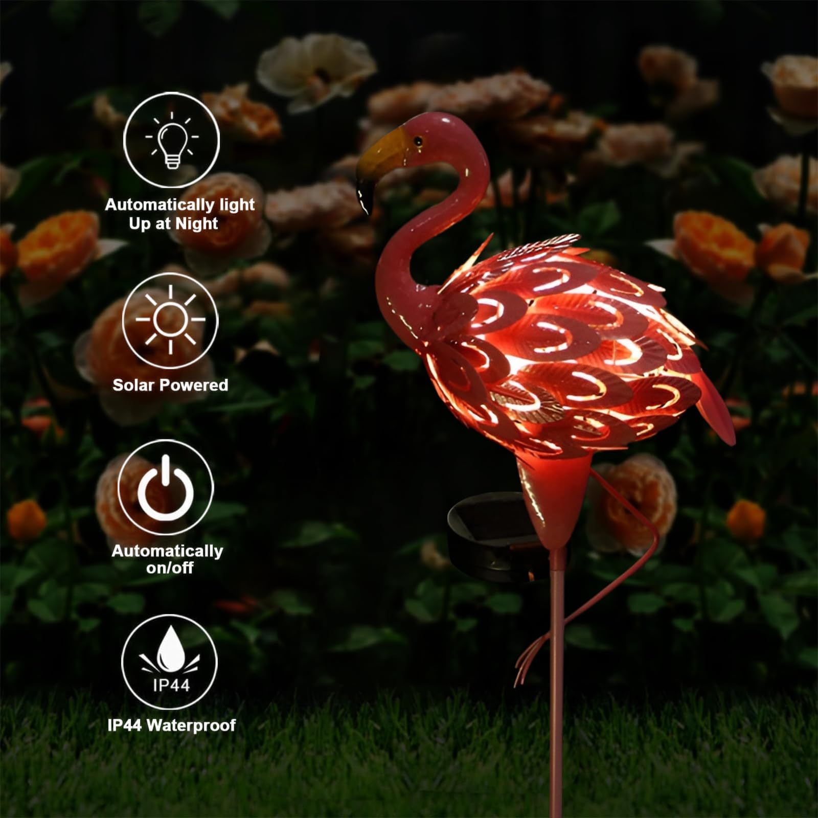 Lampade solari per esterni, fenicotteri, statuette da giardino, statuetta a energia solare, fenicottero, in metallo resistente alle intemperie, con supporto, fenicottero, per prato, cortile
