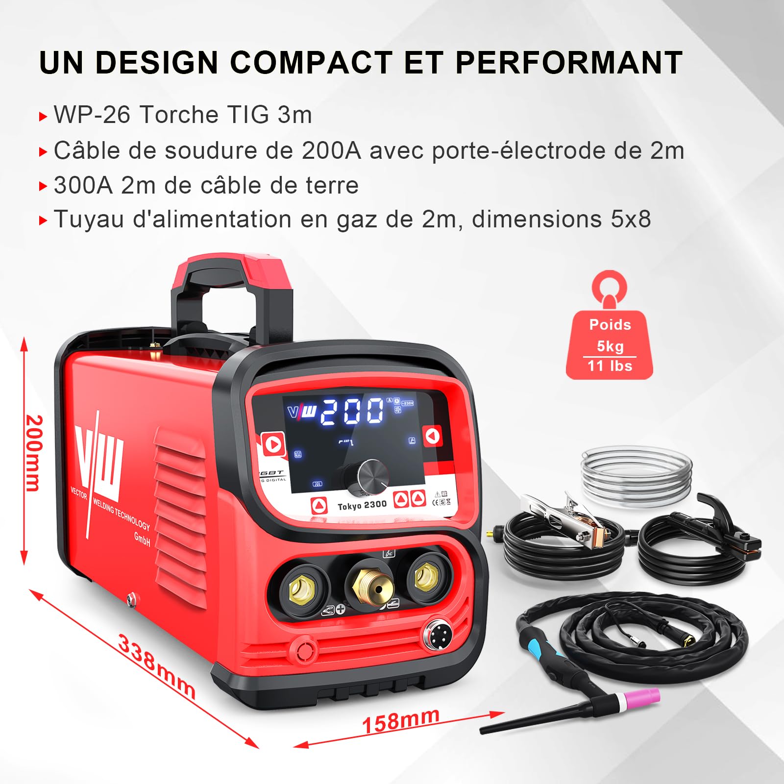 VECTOR WELDING Poste à Souder TIG 200A, Soudeuse 3 en 1 DC TIG/MMA/Pulse
