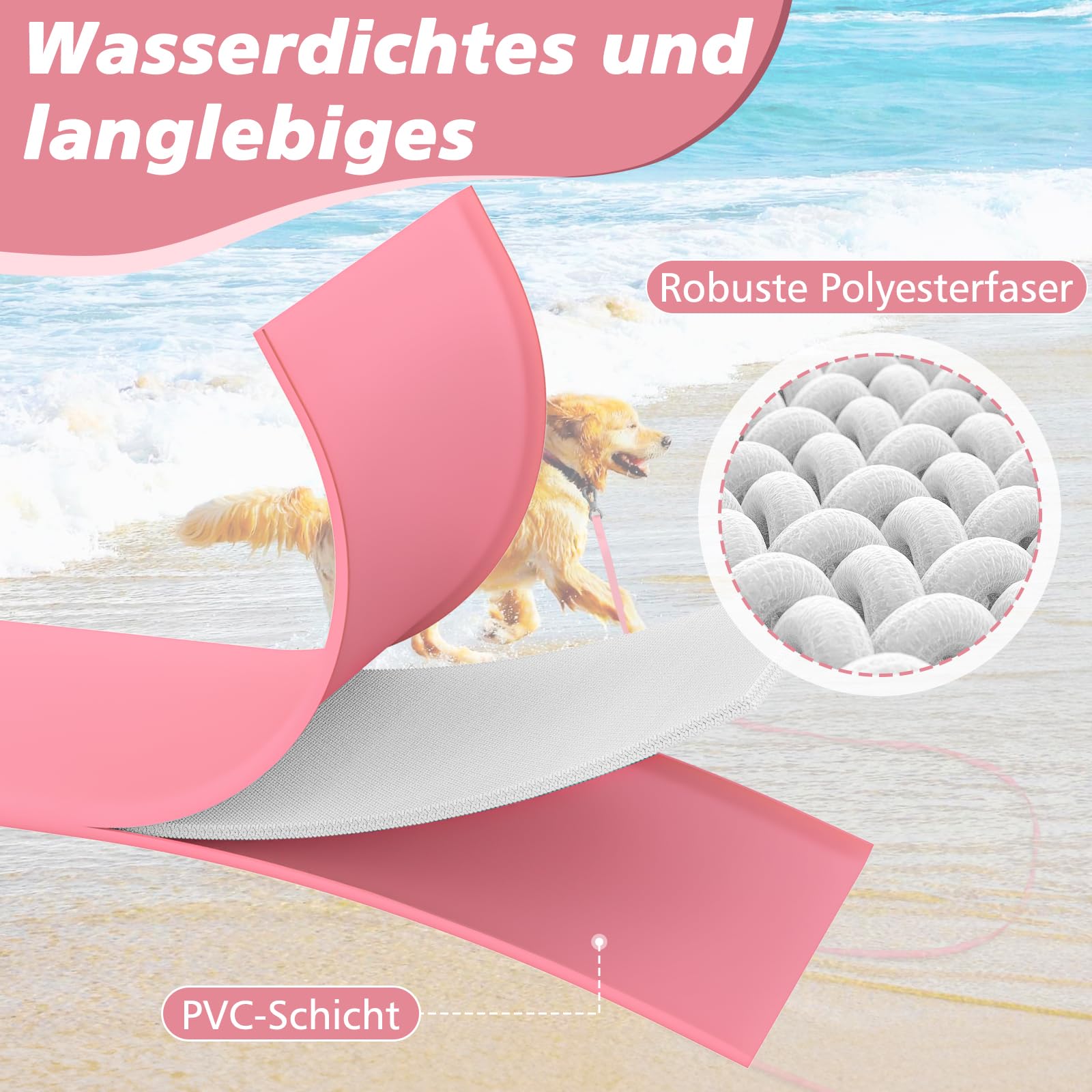 Guinzaglio impermeabile gommato, 8 m, moschettone, corsa media, resistente, cinturino polso