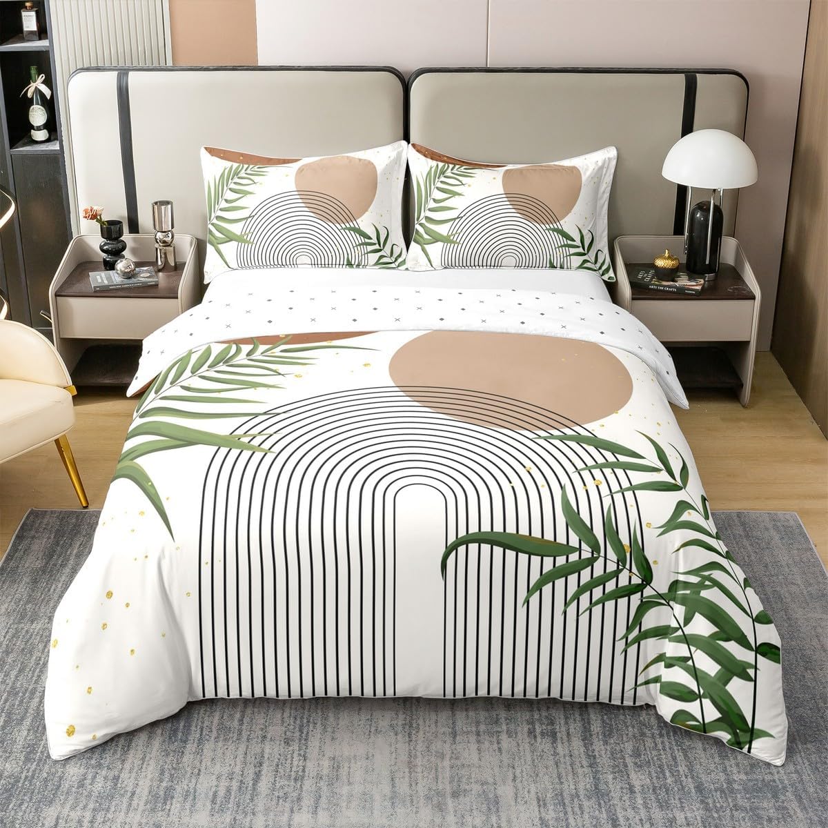Erosebridal Boho Mid Century 100% Cotton Duvet Cover Full, Modern Bohemian Minimalist Bedding Set, Abstract Geometric Comforter Cover for Kids Adults, Retro Aesthetic Brown Circle Bedclothes