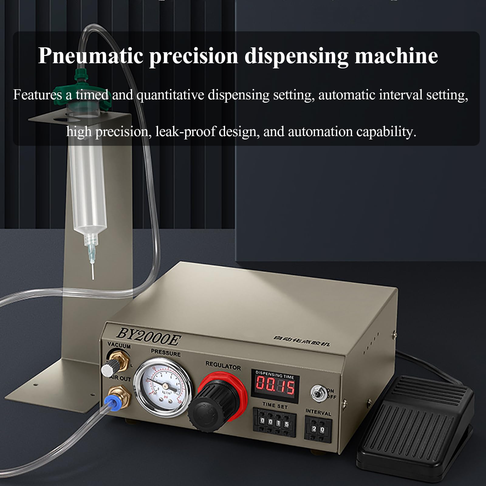 Máquina dispensadora, función temporizada y cuantitativa totalmente automática, control pie/manual, pantalla digital en tiempo real, presión de aire ajustable