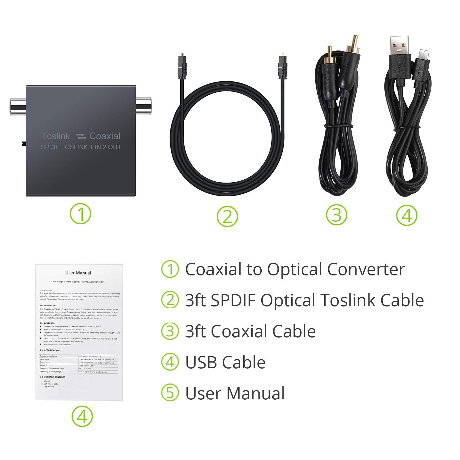 LiNKFOR 192KHz Bidirectionnel Coaxial-Optique Convertisseur Métal avec 1X2 Optique Toslink SPDIF Splitter DTS Dolby AC3 avec Câble Optique/Coaxial Audio Numérique Commutateur pour HDTV PS4 SoundBar