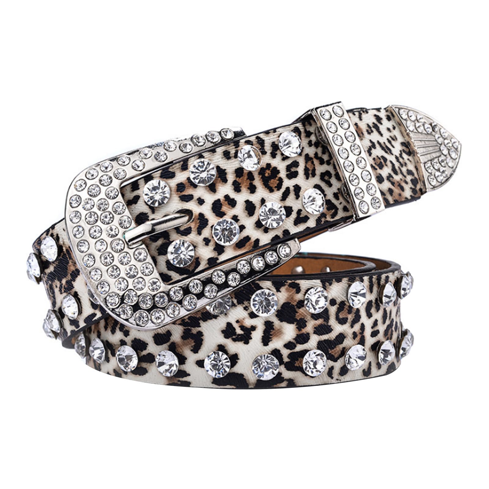 Meliya Women Leather Belt Leopard Print Diamond Studded Waist Belt Buckle Waistband for Pants Dress JeansLeopard Print)