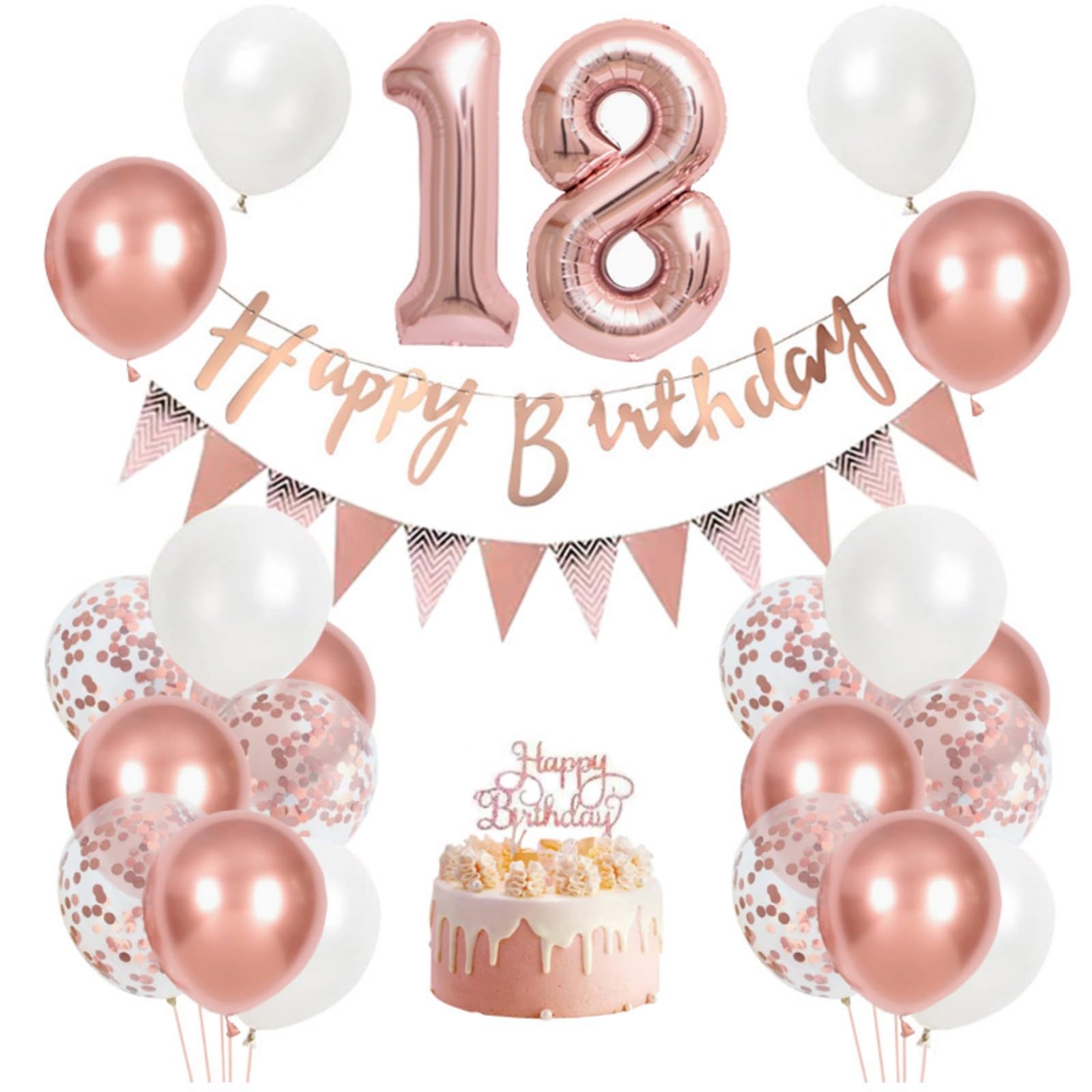 Rose Gold 18th Birthday Decorations Set With Large Number Foil Balloons, Banner & Cake Topper - Elegant Metallic Glitter Set For 18th Birthday Celebrations and Decor