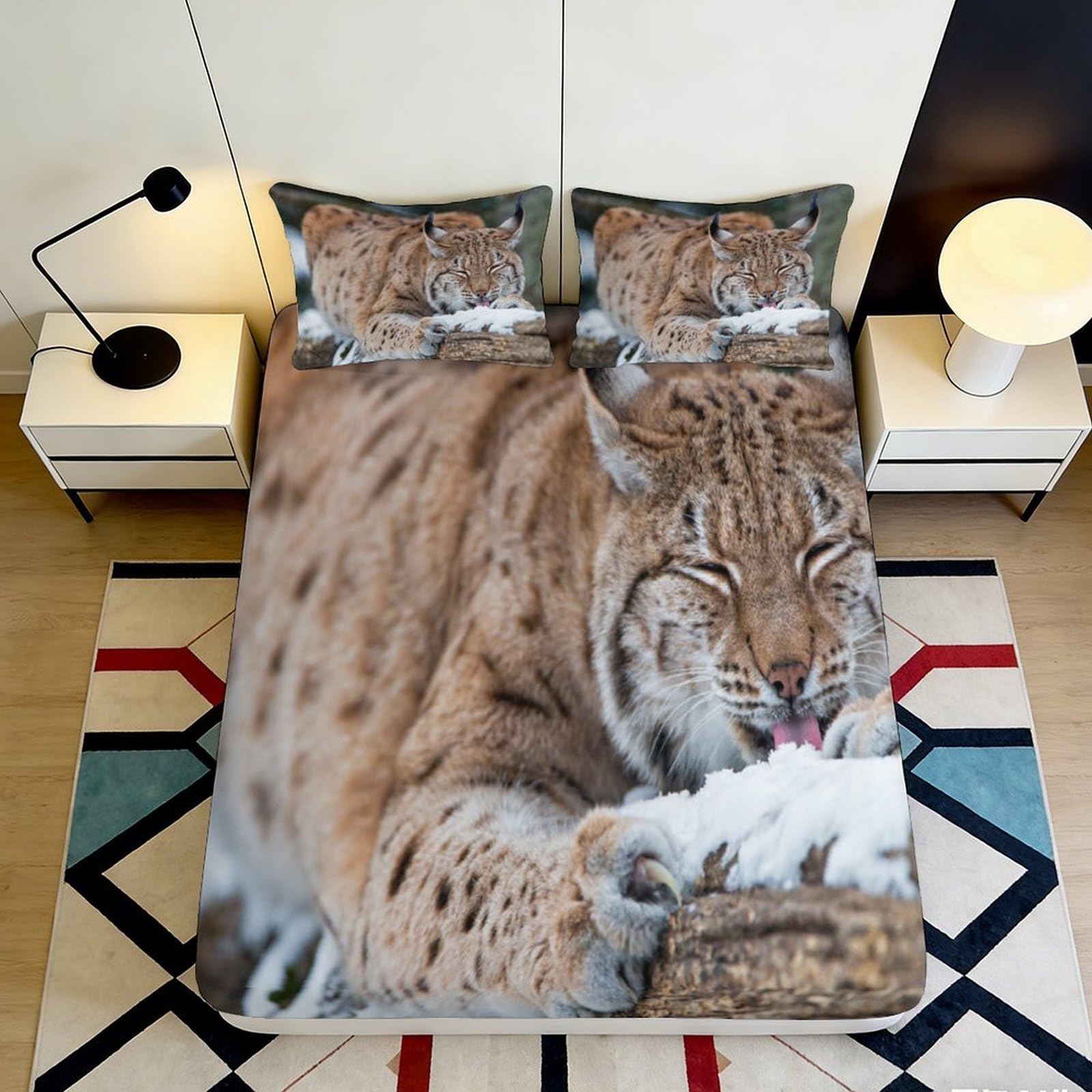 3D Printed Lynx Animal Fitted Sheet Microfiber Soft Breathable Snow Forest Mattress Cover Bedroom Decor 90x200x25cm