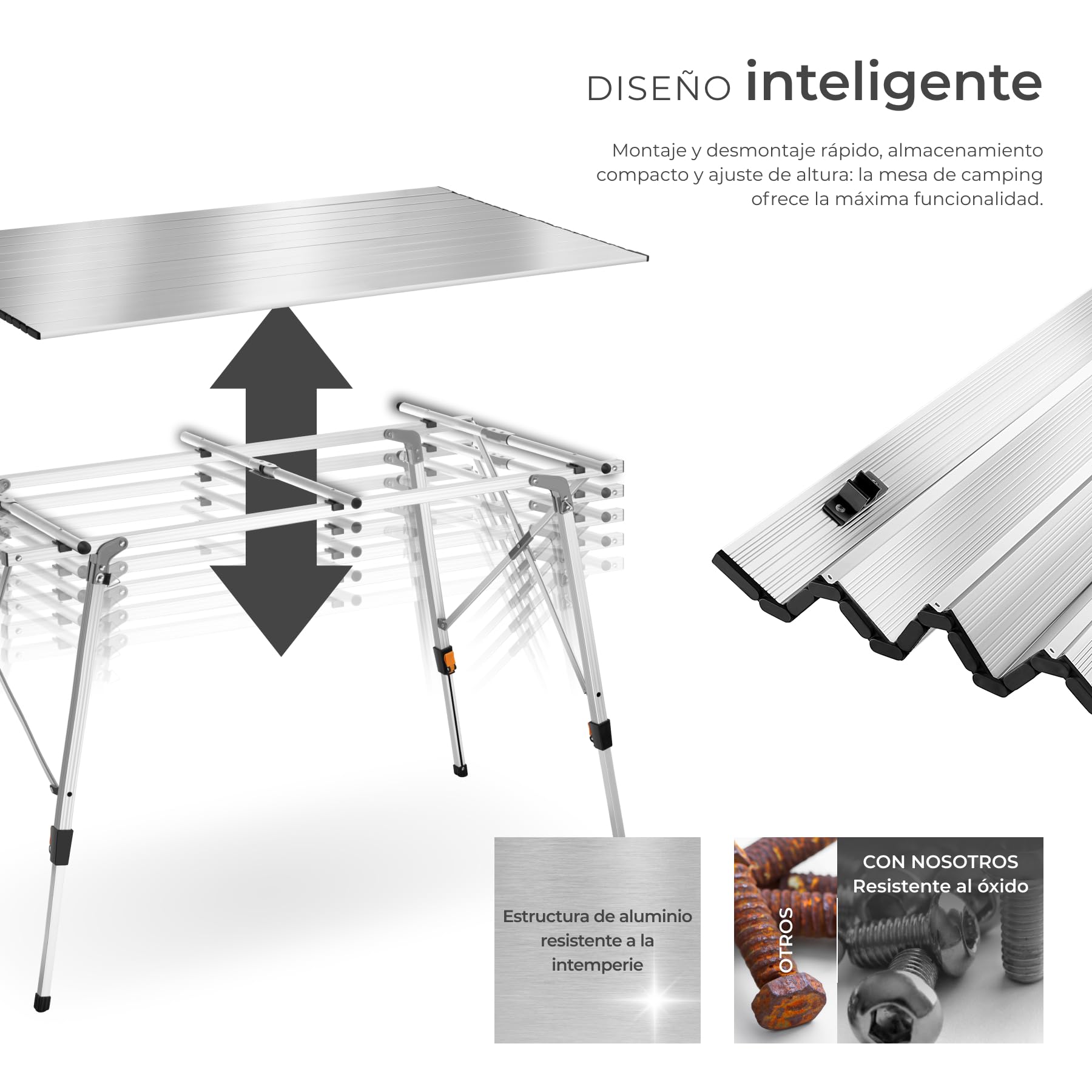 tectake® Mesa Camping Plegable con Altura Ajustable, Mesa Auxiliar de Aluminio con Topes, Mesa Exterior para Jardín, Terraza, Picnic, con Red de Almacenamiento y Bolsa de Transporte, 90x52x70 - Plata