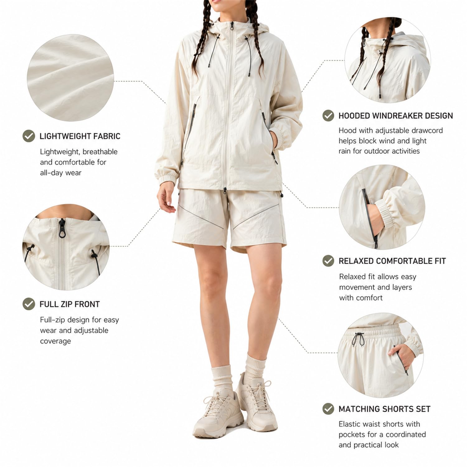 Conjunto de 2 piezas para mujer: chaqueta con capucha y pantalón. | Chaqueta ligera con protección solar UPF y cierre de cremallera completa, ideal para senderismo, caminatas