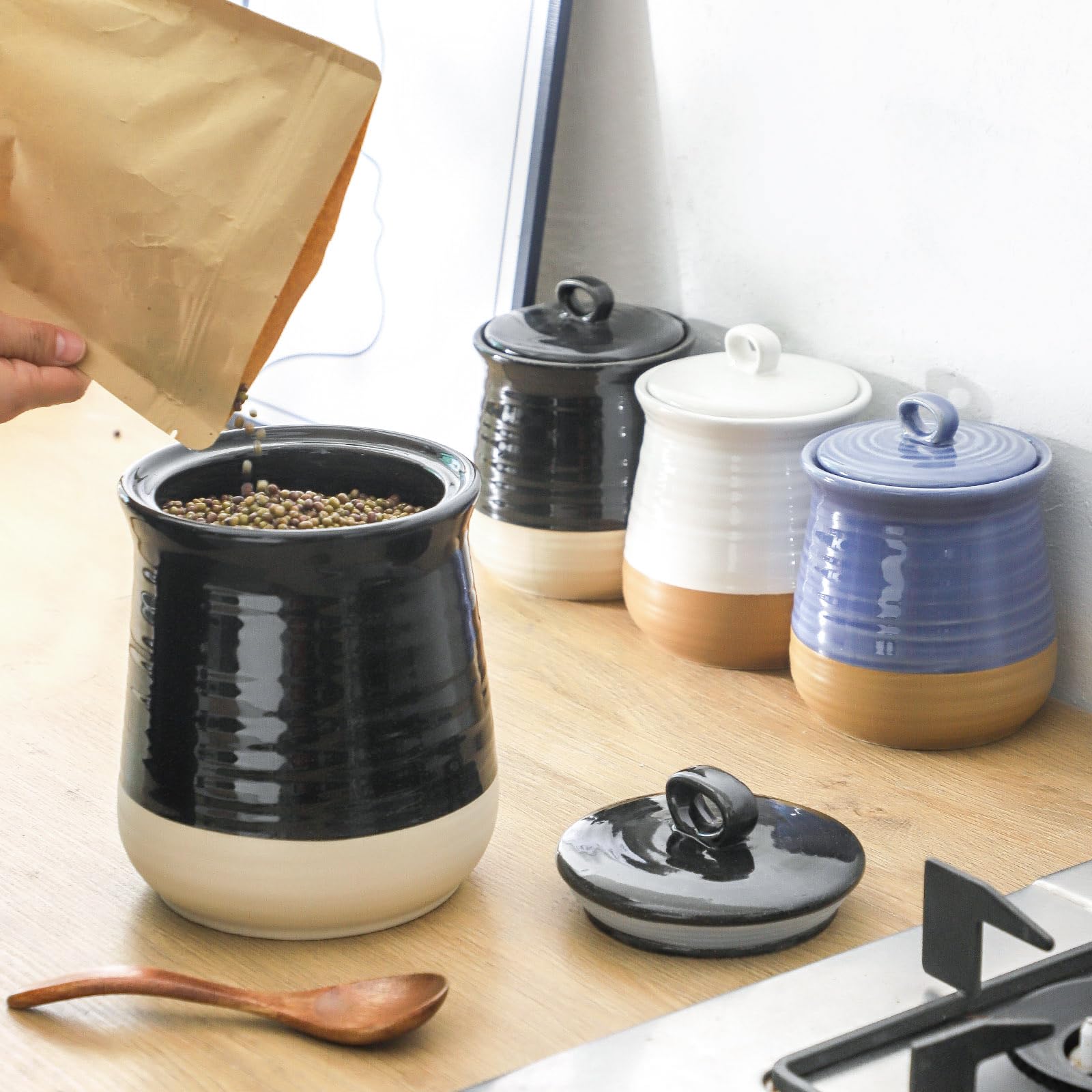 Hasense Recipiente de cerámica para cocina, recipiente de café de 88 onzas con tapa, tarro hermético de almacenamiento de alimentos para granos de café, frutos secos, dulces, especias, harina y