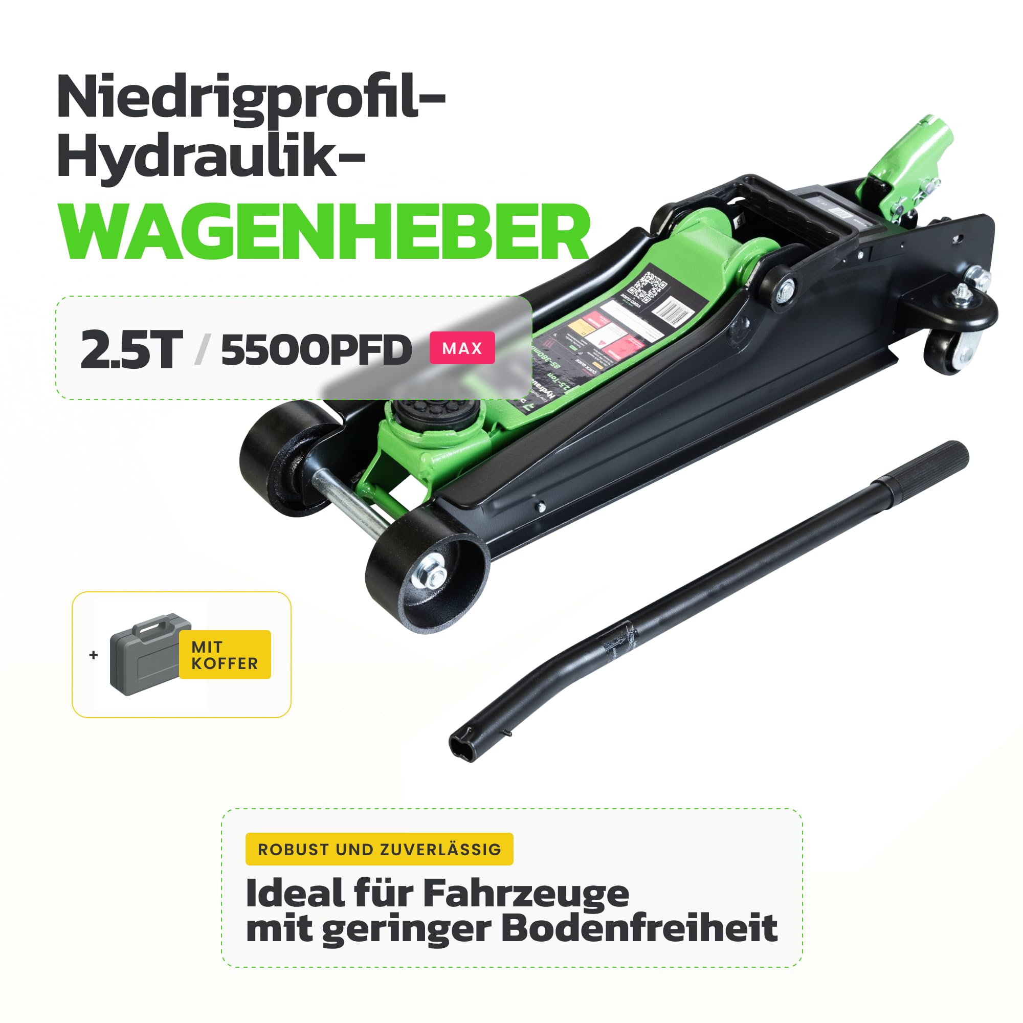 2,5-Tonnen Hydraulischer Wagenheber mit Koffer – Flachprofil, Hubhöhe 8,5–38 cm – Schnellhub mit Gummiauflage – Tragkraft 2500 kg – Tragbarer Wagenheber für Autos & SUVs