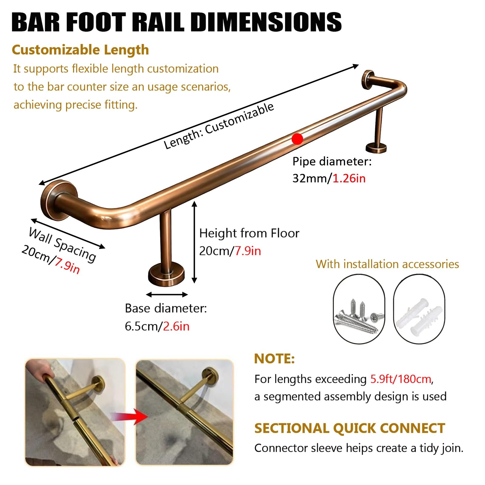 Ensemble Complet De Repose-pieds En Cuivre Vintage Poli, Rail De Repose-pieds Robuste En Acier Inoxydable Pour Bar, Cuisine, Restaurant, Intérieur Et Extérieur
