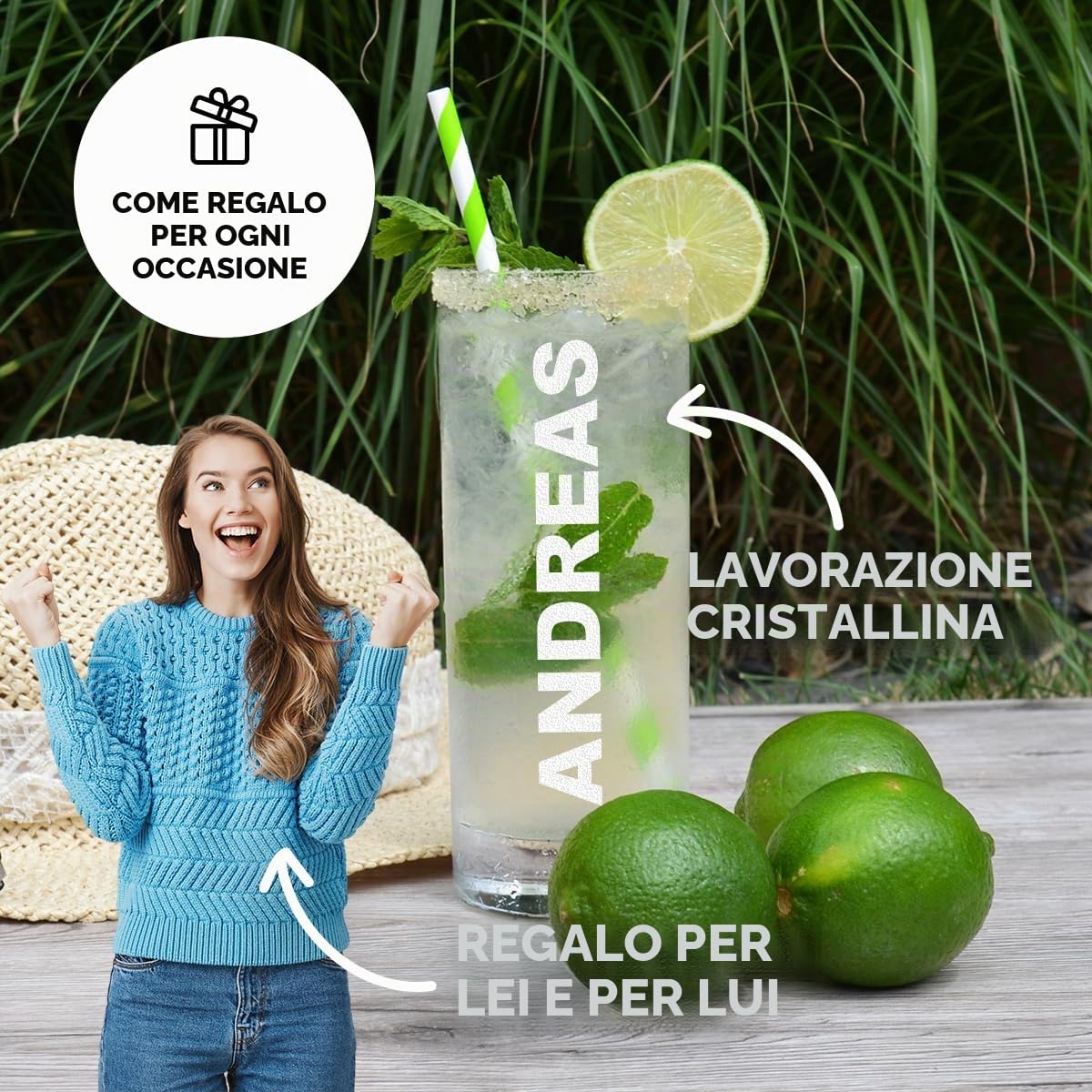 Set di 4 bicchieri da acqua incisi - 485 ml - con incisione del nome - bevande preferite - bicchiere per long drink e cocktail - succhi, acqua,