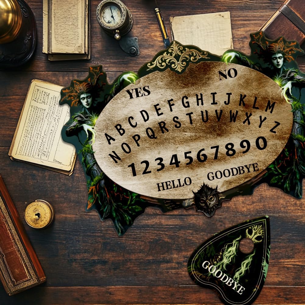WEBEEDY Wood Spirit Board for Ghost Communication with Planchette, Gothic Forest Witch Pendulum Dowsing Divination Board for Halloween Family Party Metaphysical Message Decor Gift, 11.8x8.3 Inch