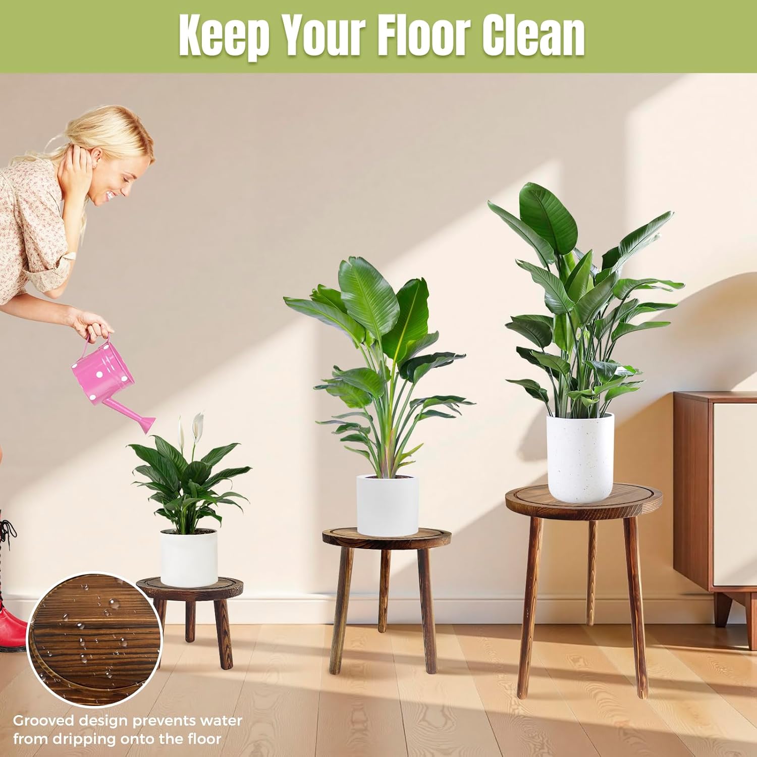 Janedream 3-Pack Wooden Plant Stands, Indoor Small Plant Stool Set, Multi-Purpose Single Plant Table for Living Room, Balcony, Office & Corner Display