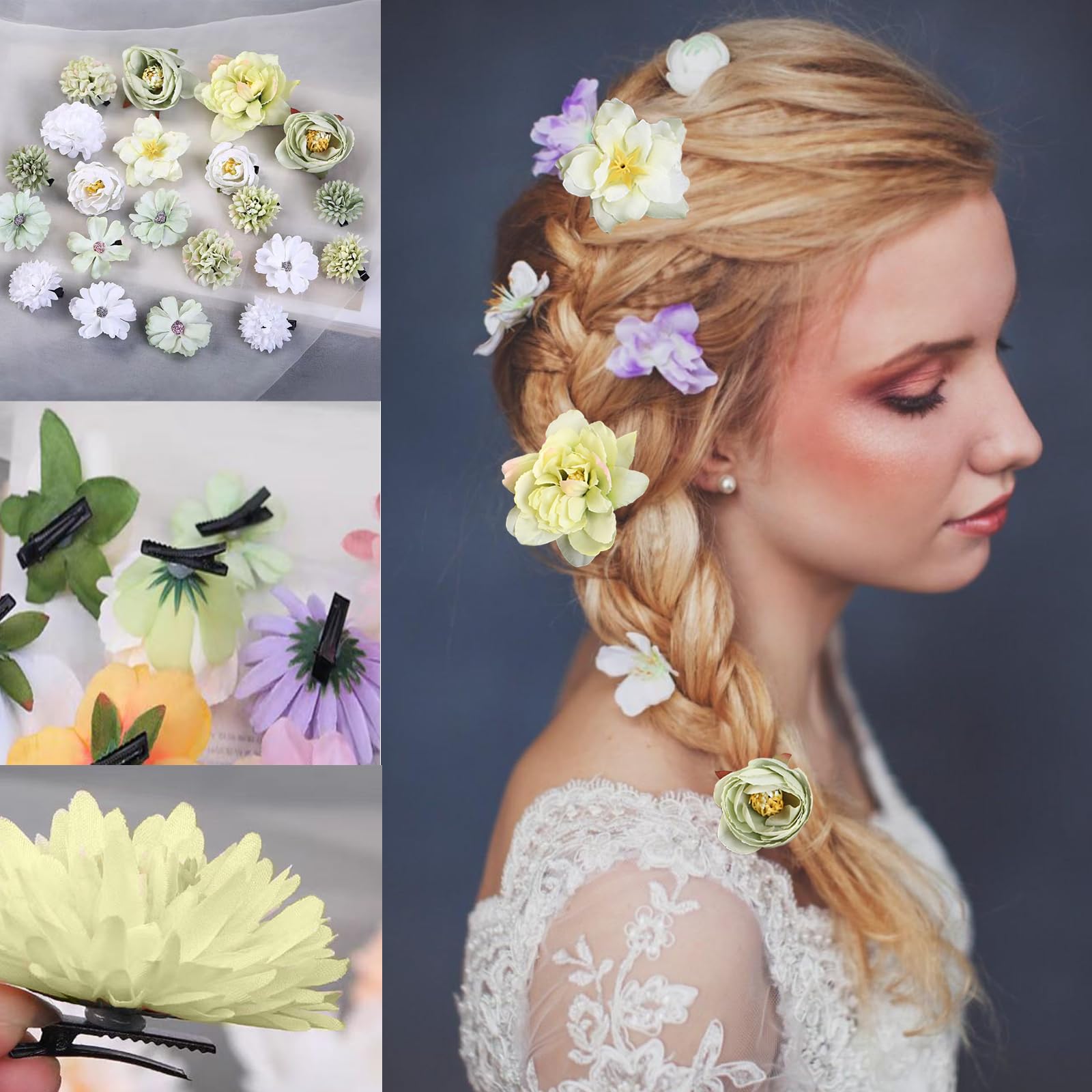 Flower Hair Clip, Pack of 21 Multicoloured Flower Hair Clips, Artificial Blossom Hair Clip, Flower Hair Accessories for Party, Beach, Wedding, Event Decoration (Green and White Series) - Image 3