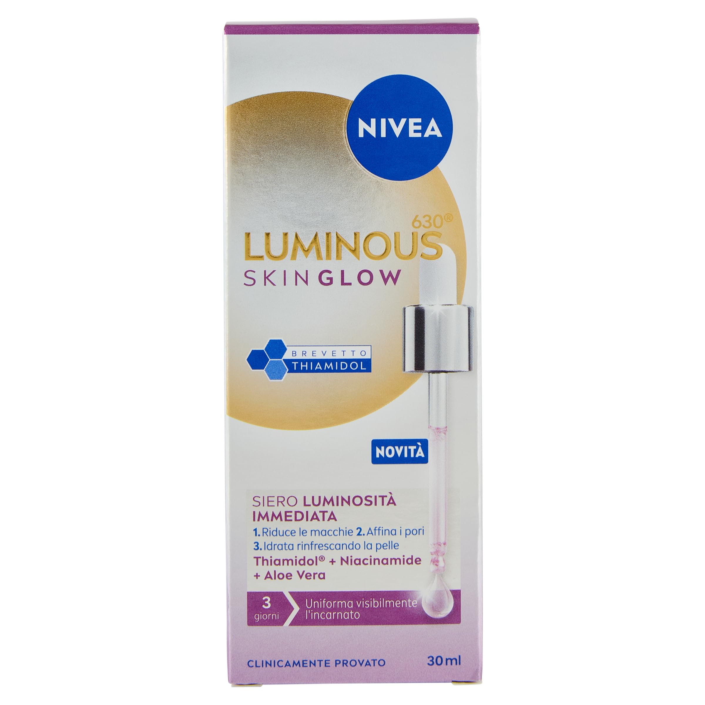 NIVEA Luminous630 Skin Glow Sérum visage lumineux instantané 30 ml Sérum hydratant anti-taches pour un teint uniforme et éclatant Sérum visage avec niacinamide Aloe