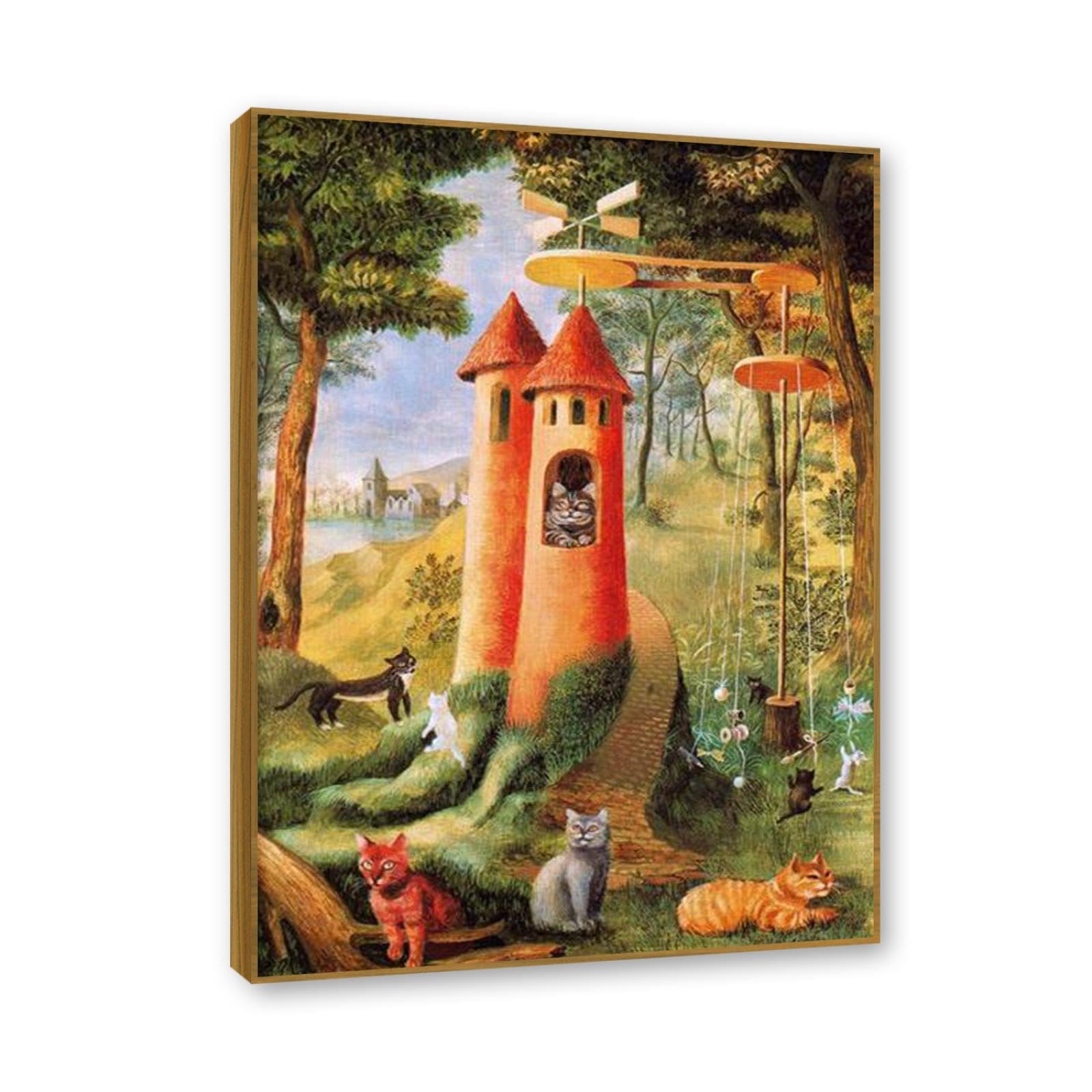 Teak Color Frame Surrealist Art Posters - Cats Paradise by Remedios Varo - Famous Paintings Print on Canvas - Surrealist Painting Cool Wall Decor for Living Room Office 20x28cm-7.9x11in