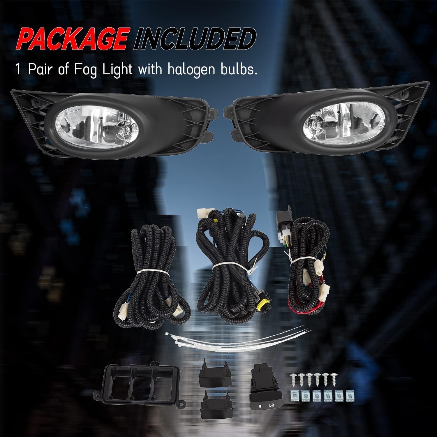 ECOTRIC Fog Lights Assembly Compatible with 2009-2011 Honda Civic 4DR Sedan Clear Lens JDM Style Fog Lamps Pair W/Bulbs Wiring Harness and Switch