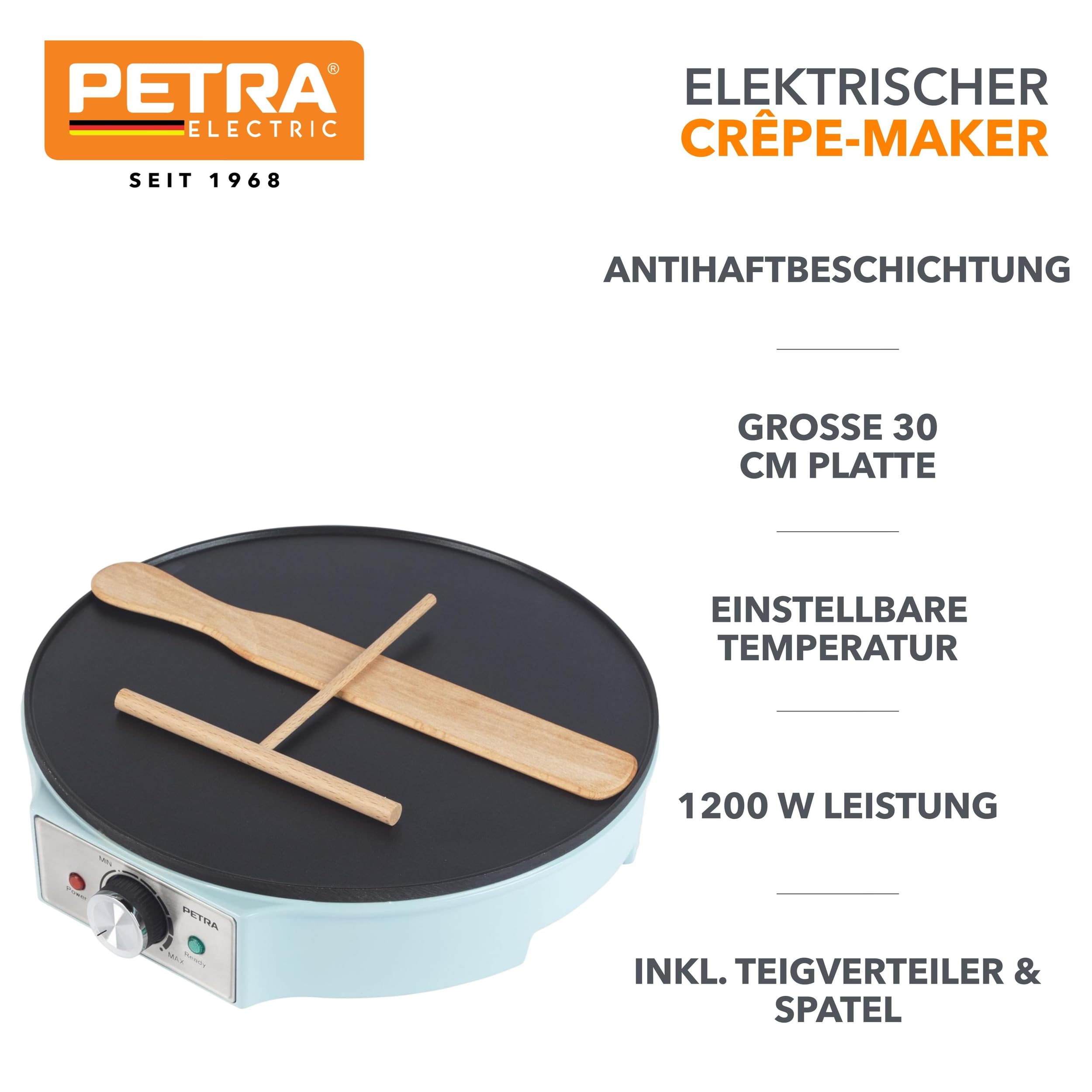 Petra Crepes Maker 30cm, Elektrische Pfannkuchenmaschine mit Antihaftbeschichtung, Crepesmaker mit Temperaturregler, Große Kochplatte für Crepes & Pfannkuchen, 1200W, Inkl. Teigverteiler, Blau
