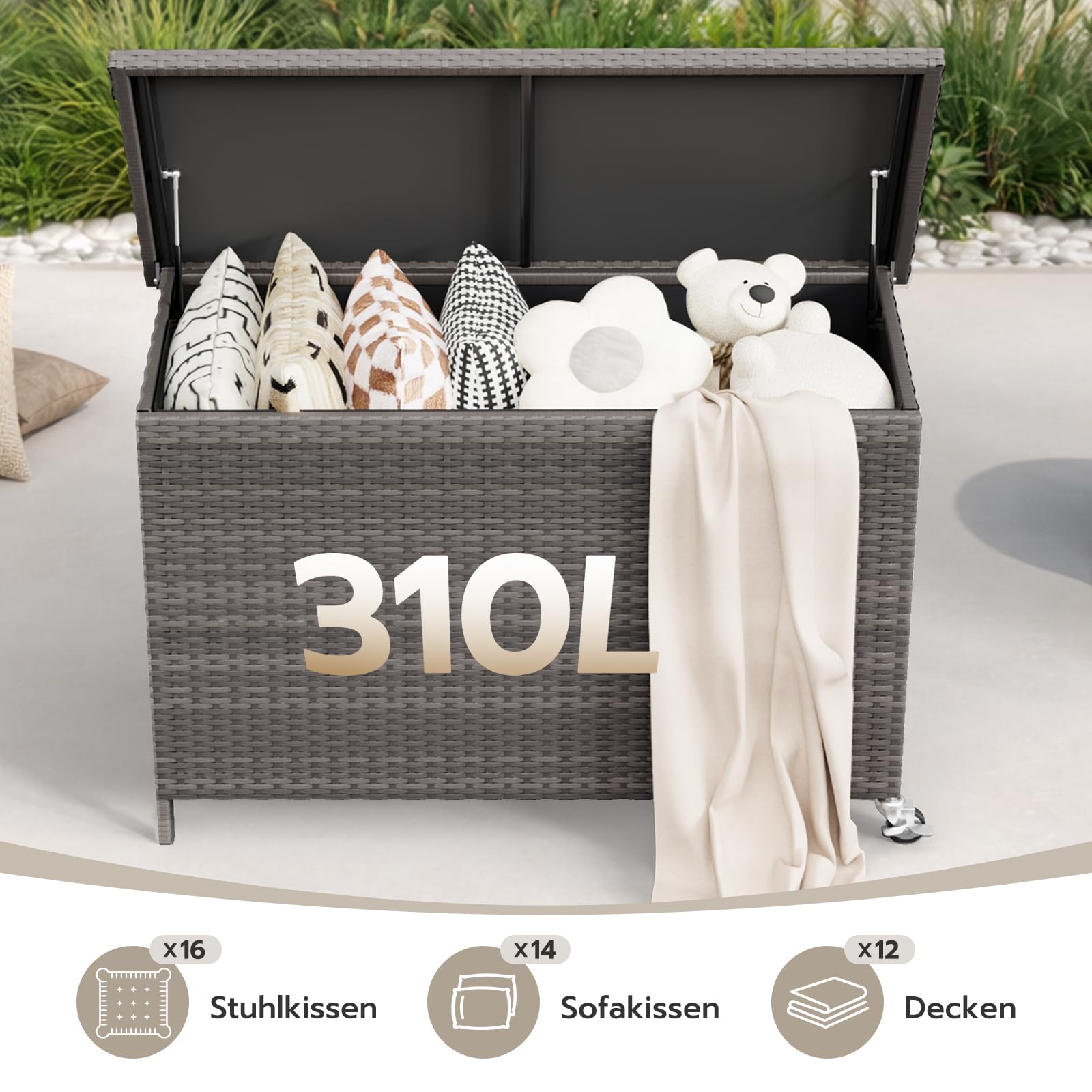 Amopatio 310L Gartenbox Auflagenbox wasserdicht, Kissenbox Outdoor aus Polyrattan, Aufbewahrungsbox Metall mit Rollen & Gasdruckfedern, Gartenkiste wetterfest für Garten, Balkon, Grau