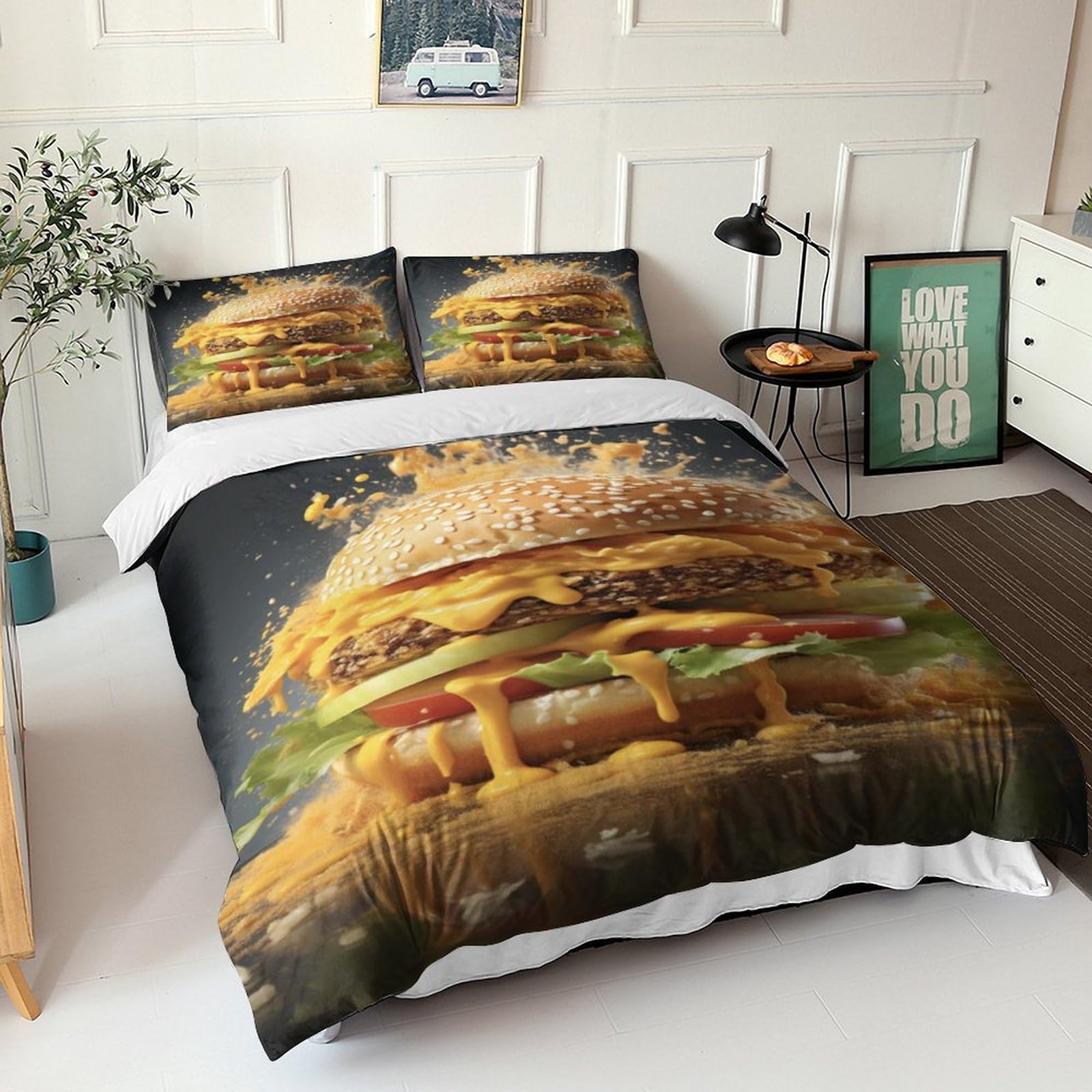 Hamburg Food Pattern 3D Bedruckte Bettwäsche Baumwolle 3-Teilig Tempting And Delicious Bettgarnitur Mit Bettbezug Und Kissenbezüge Nicht Bügeln Bettwäsche-Set Für Jungen Und Mädchen King(220x240cm) Küche, Haushalt & Wohnen