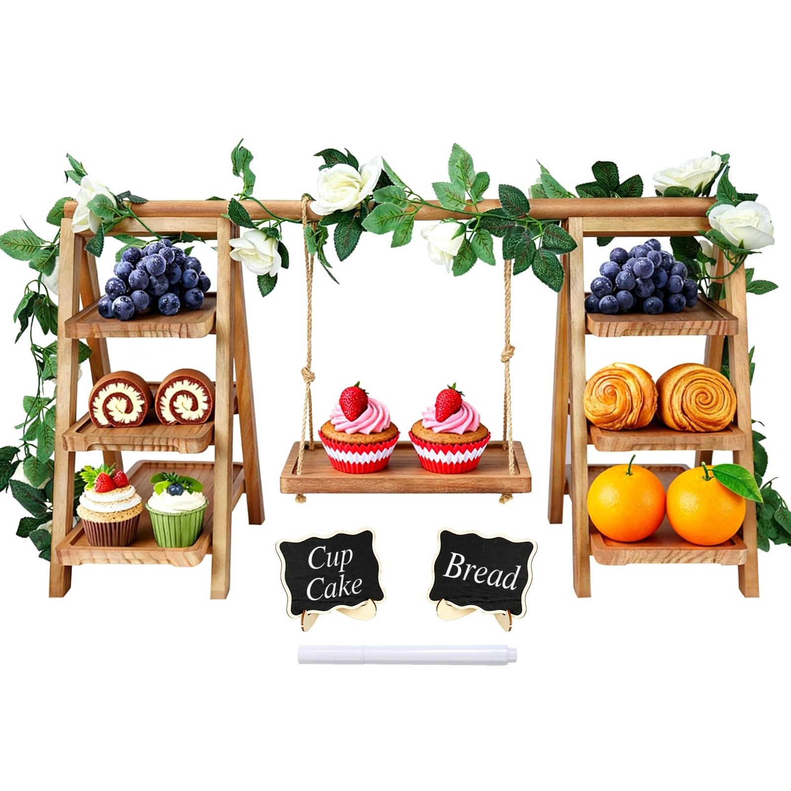 Erlsig Wooden Cupcake Stand, 3 Tier Afternoon Tea Stands with Serving Tray and Flower Vine Decor, Dessert Display Stand for Party, Birthday, Wedding, Events, Baby Shower (Swing-Walnut Brown)