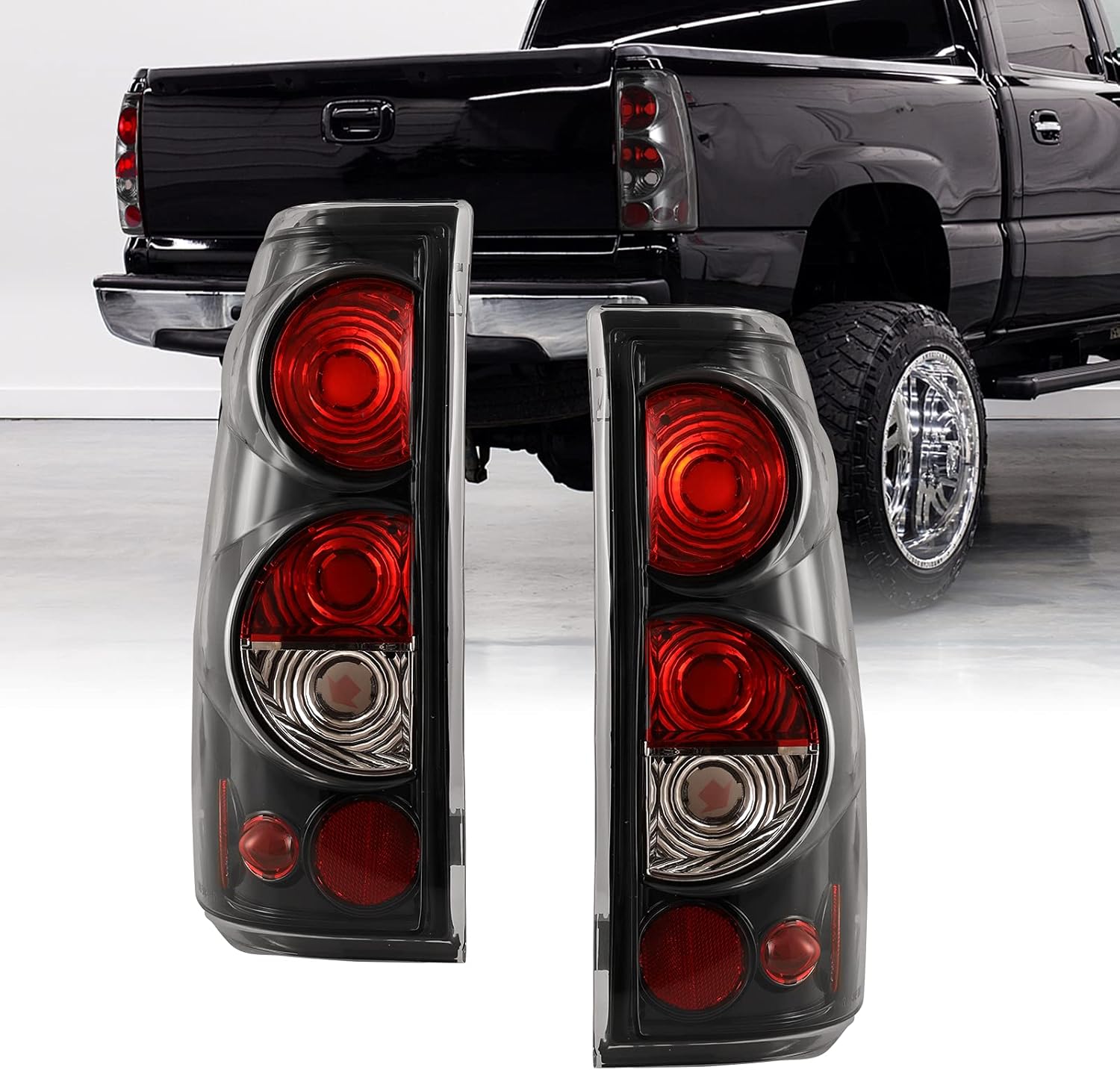ROXX Tail Light Assembly Compatible with 1999 2000 2001 2002 2003 2004 2005 2006 Chevrolet Silverado 1999-2003 GMC Sierra Driver and Passenger Side (Glossy Black/Clear Lens-16)